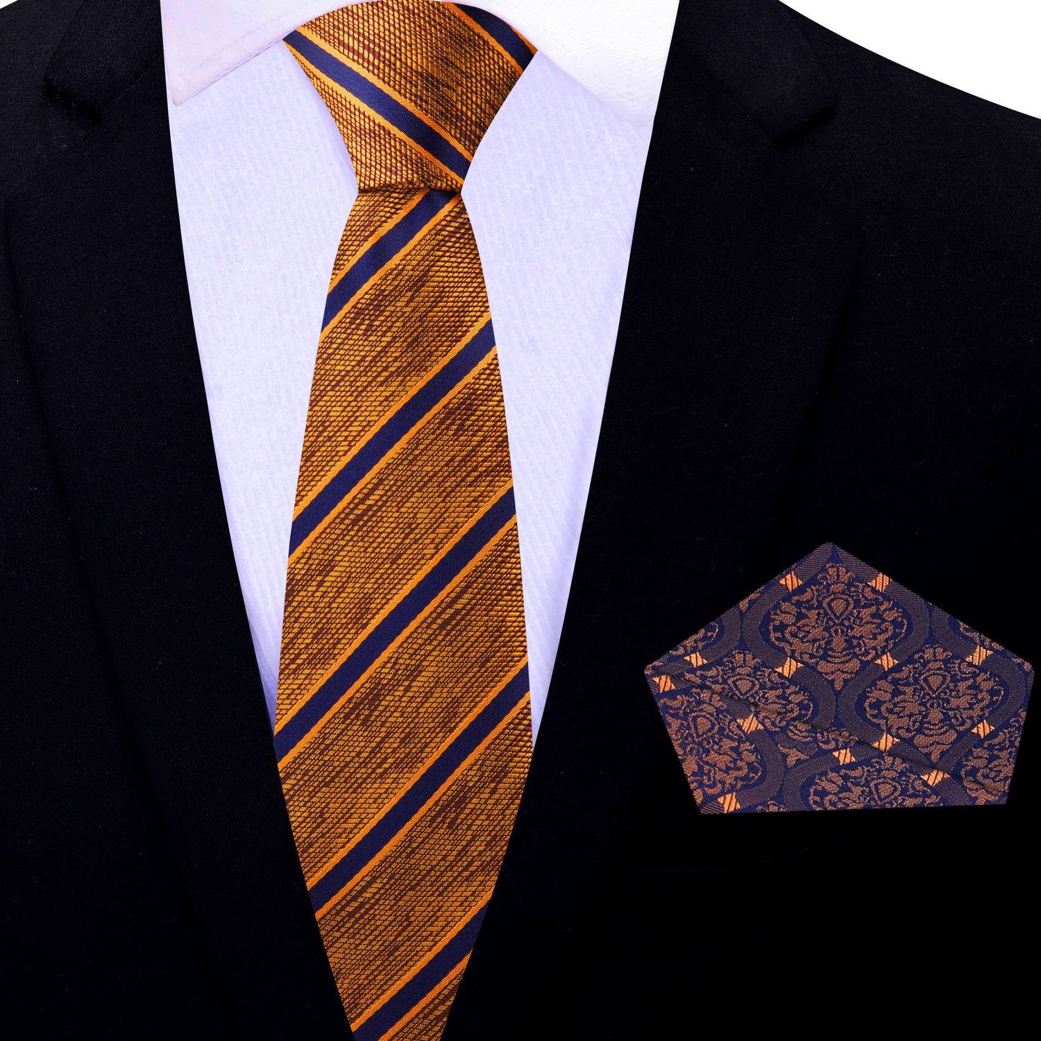 Thin Tie: Orange, Brown, Blue Stripe Necktie with Blue, Orange Abstract Square