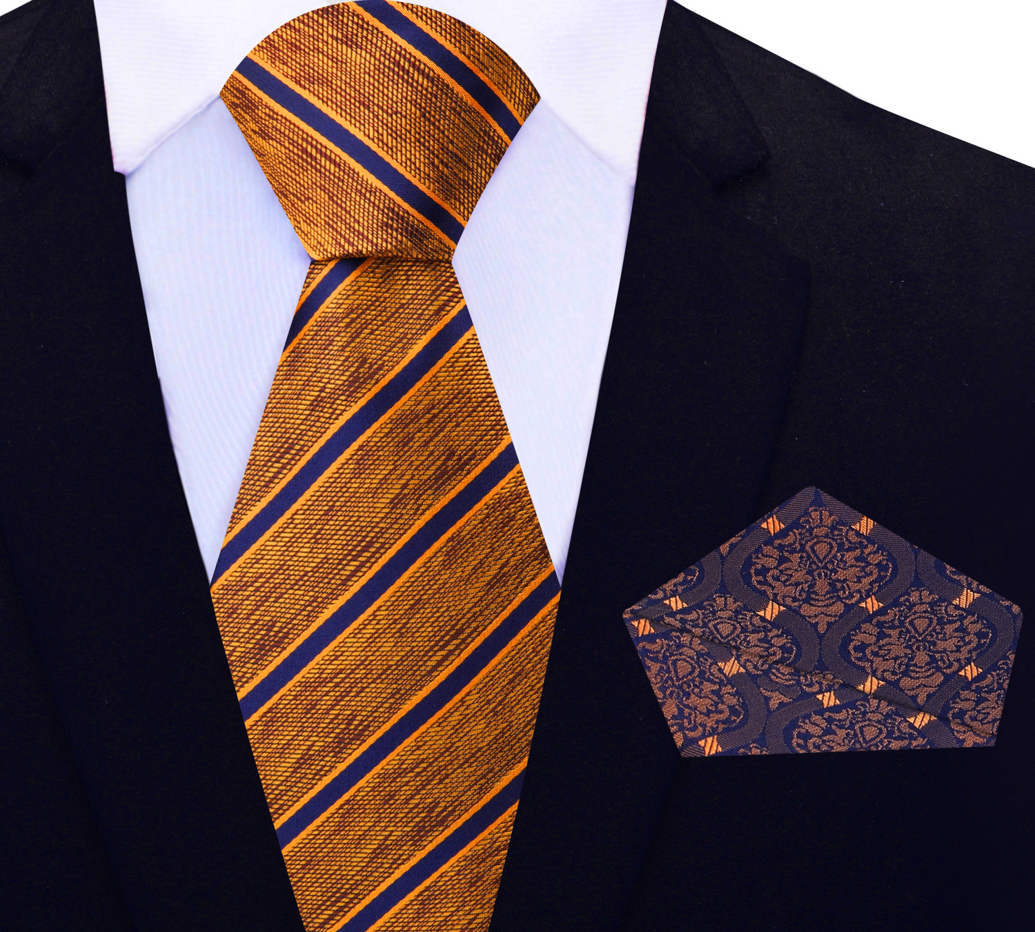View 2: Orange, Brown, Blue Stripe Necktie with Blue, Orange Abstract Square
