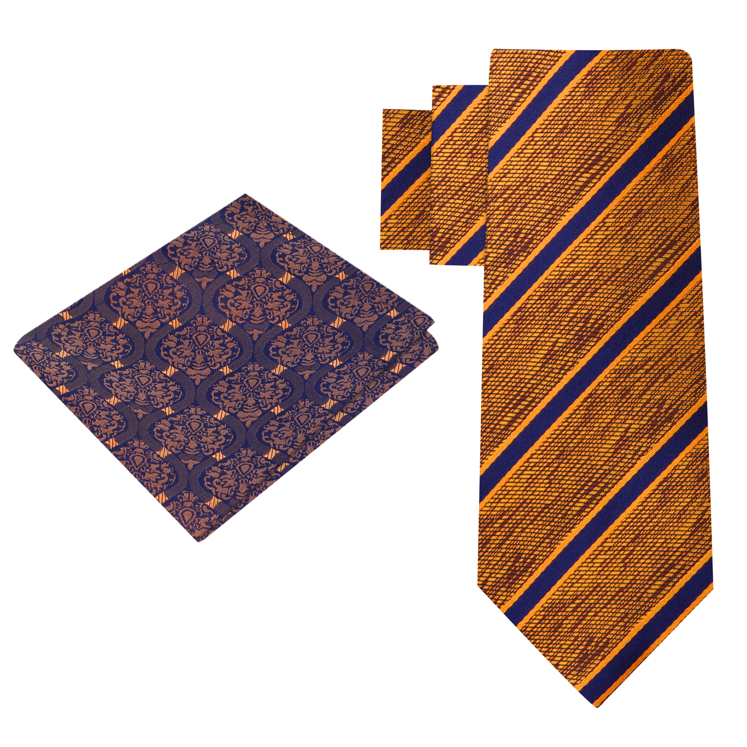 Alt View: Orange, Brown, Blue Stripe Necktie with Blue, Orange Abstract Square