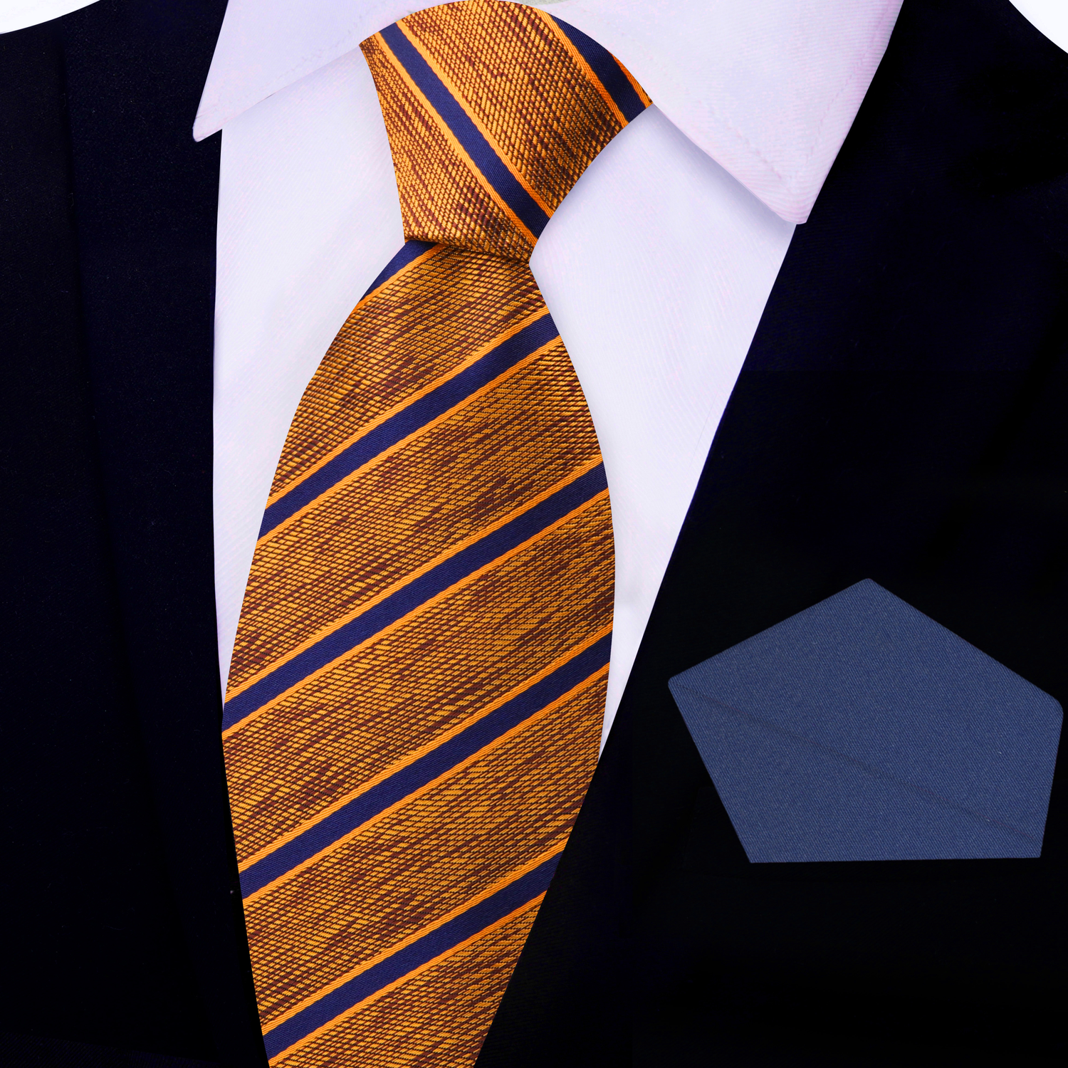 View 2: Orange, Brown, Blue Stripe Necktie with Blue Square