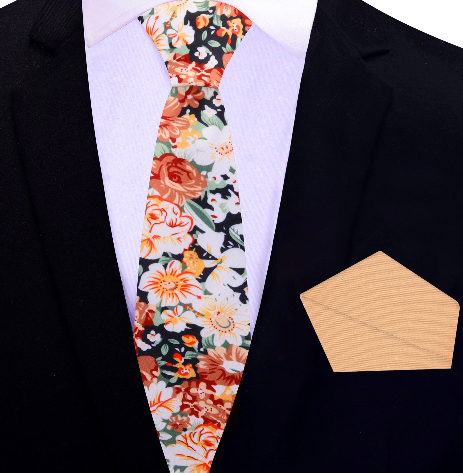 Thin Tie: Brown, Orange, White, Green Sketched Flowers Tie and Light Orange Square