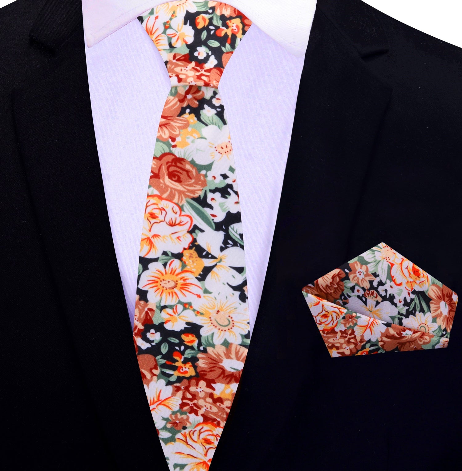 Thin Tie: Brown, Orange, White, Green Sketched Flowers Tie and Matching Square