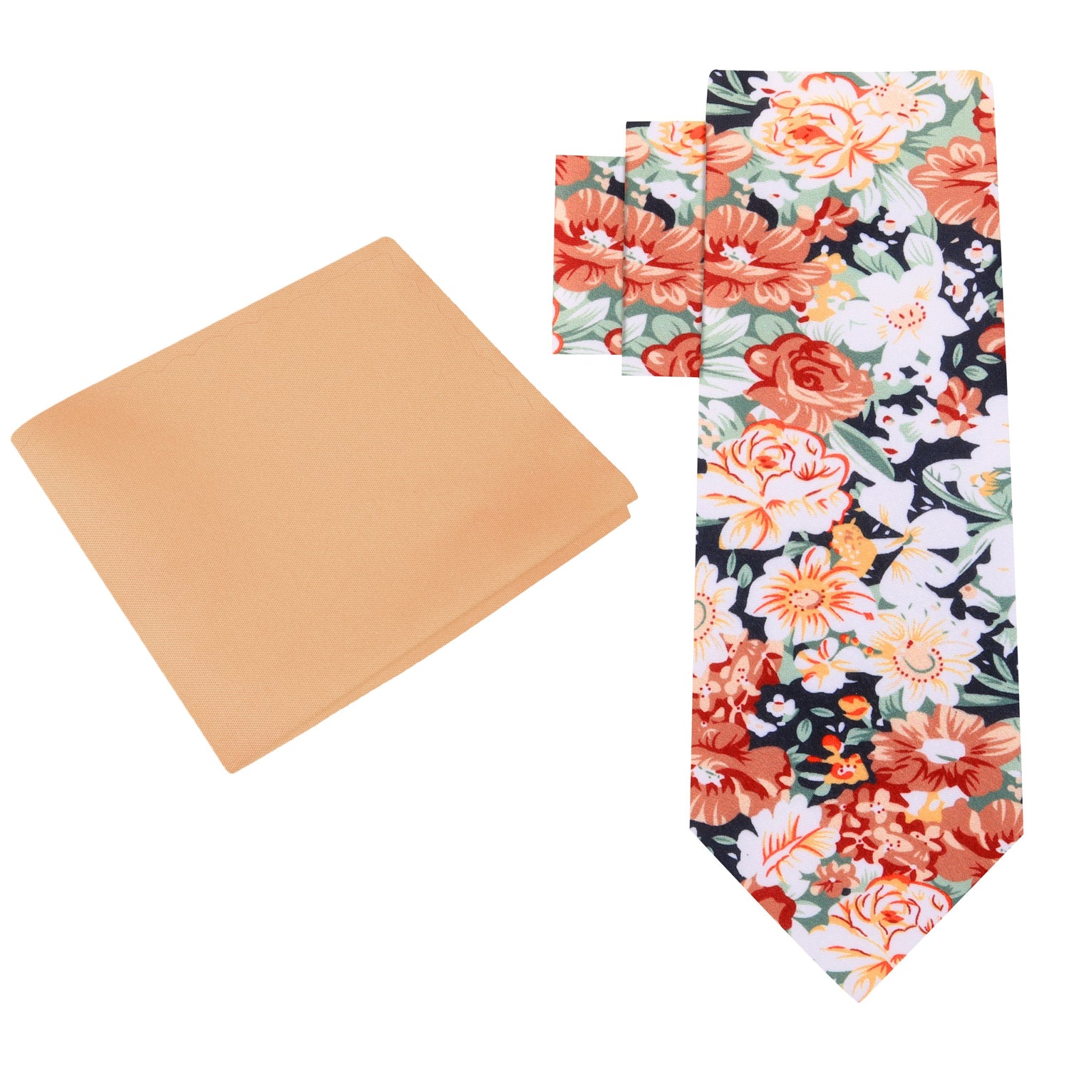 Alt View: Brown, Orange, White, Green Sketched Flowers Tie and Light Orange Square
