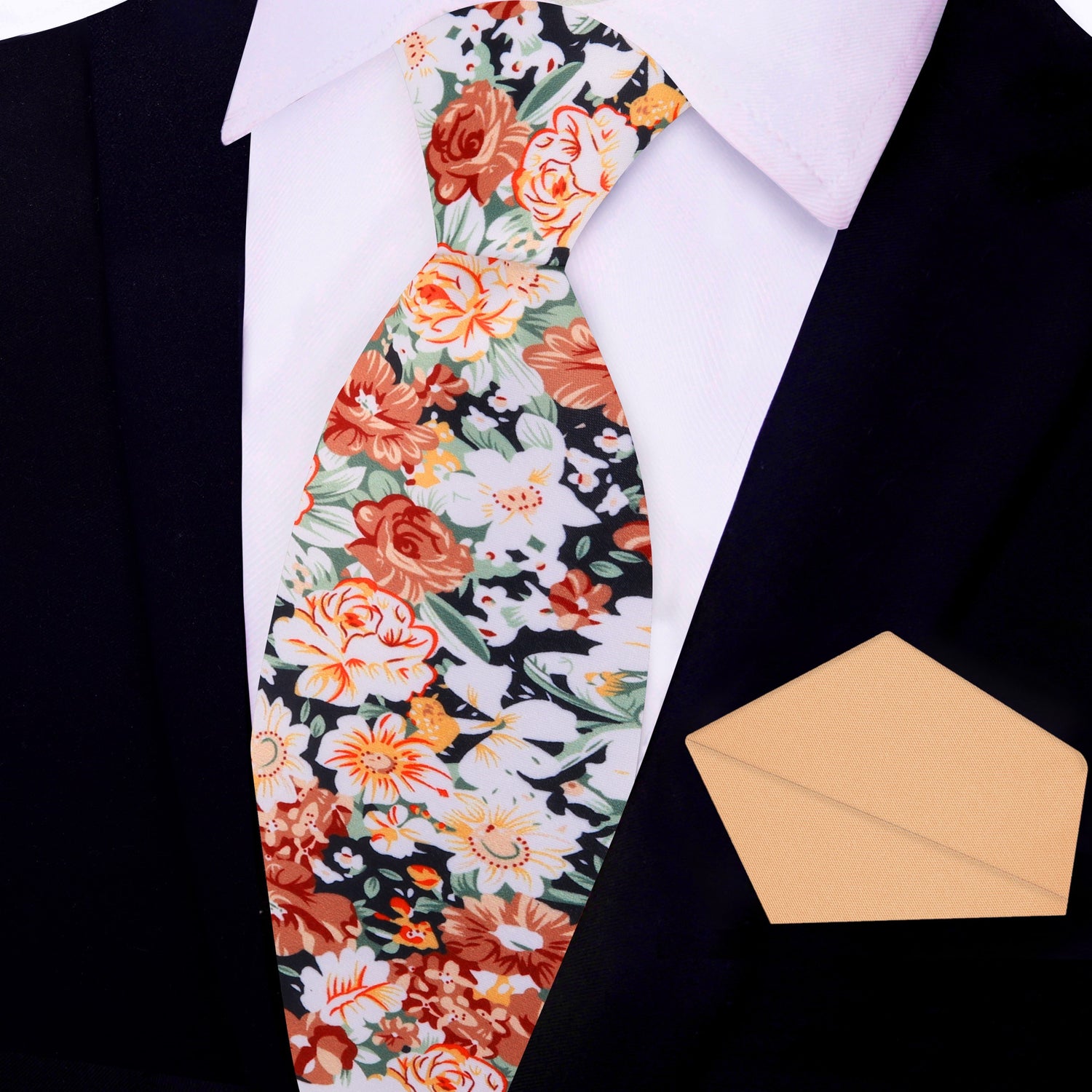 View 2: Brown, Orange, White, Green Sketched Flowers Tie and Light Orange Square
