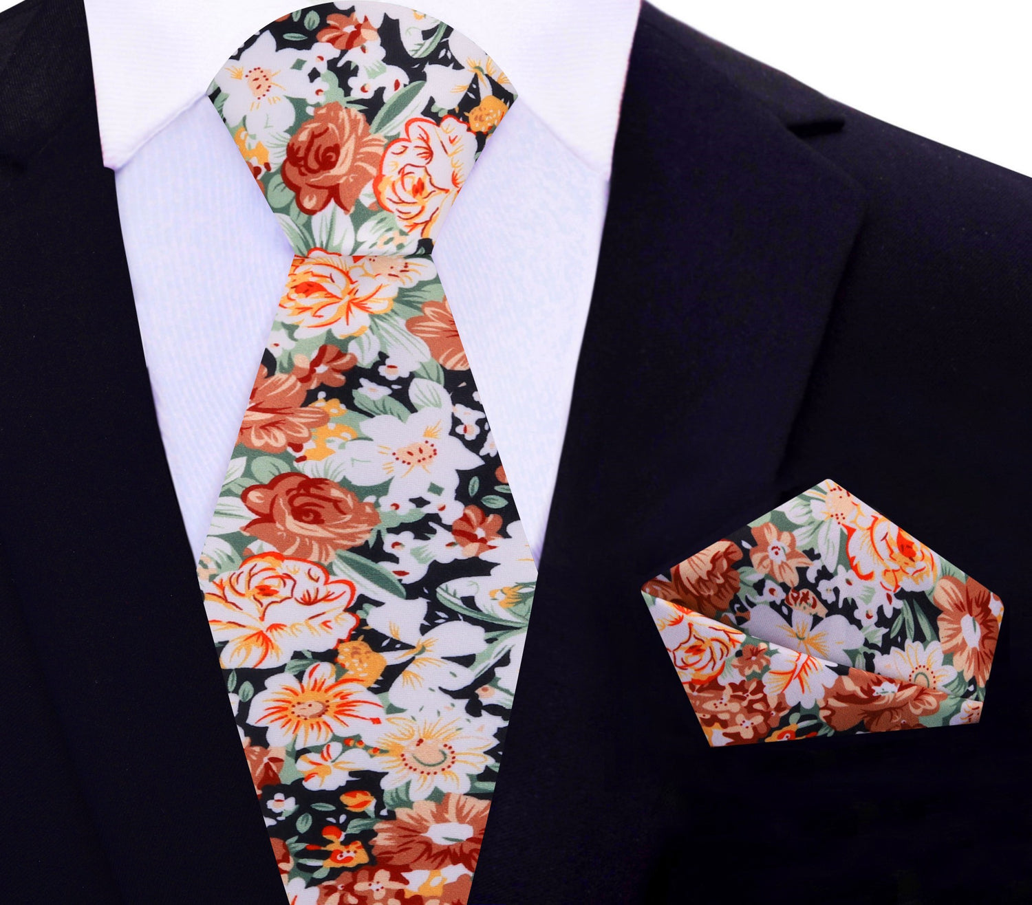 Brown, Orange, White, Green Sketched Flowers Tie and Matching Square