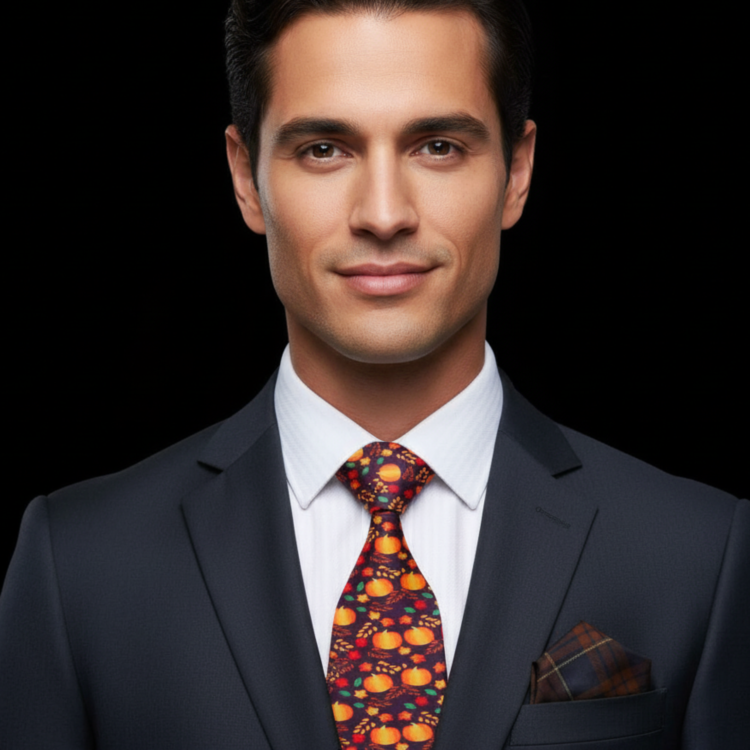 Man wearing a dark suit with a colorful tie against a black background