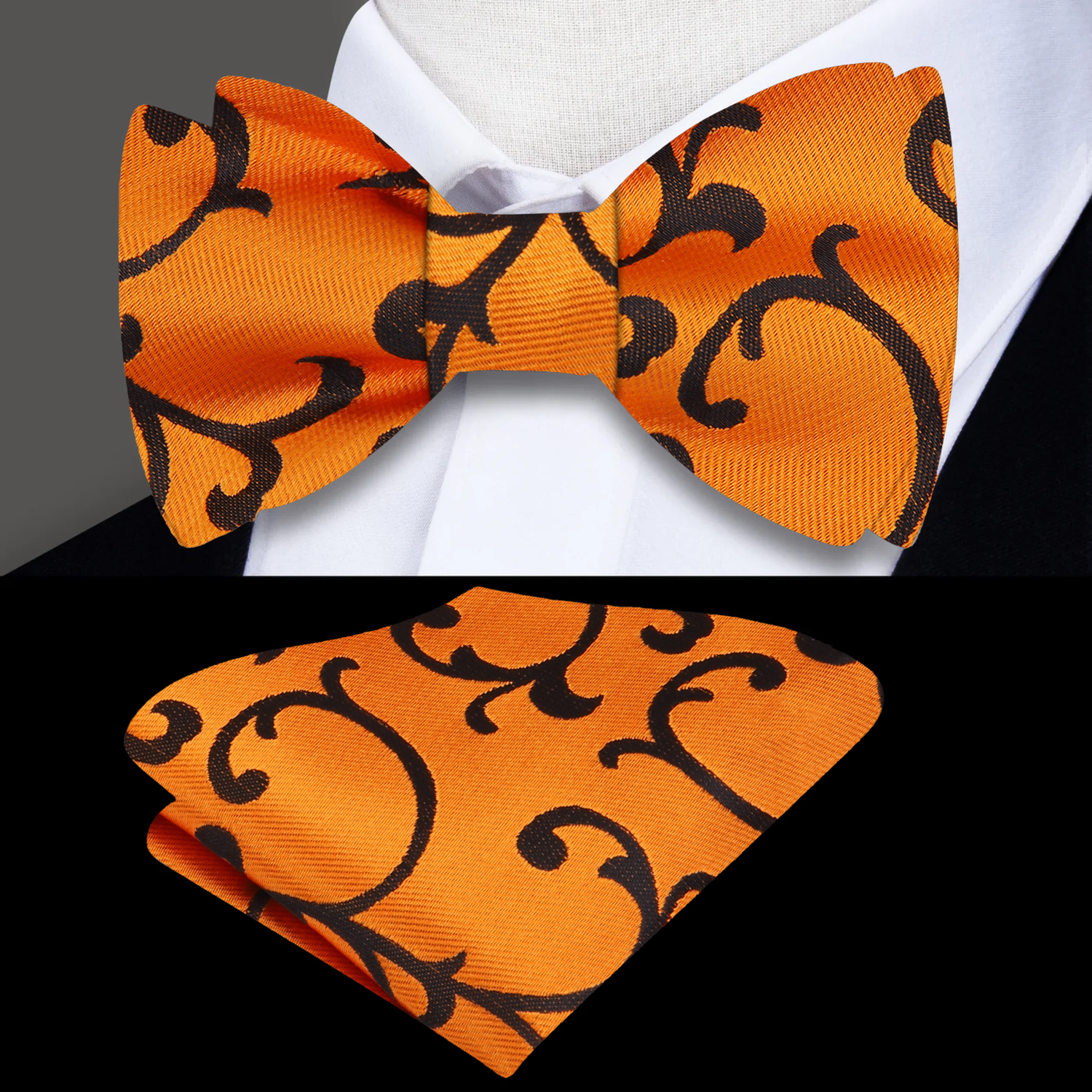 Orange, Brown Floral Bow Tie and Square On Suit