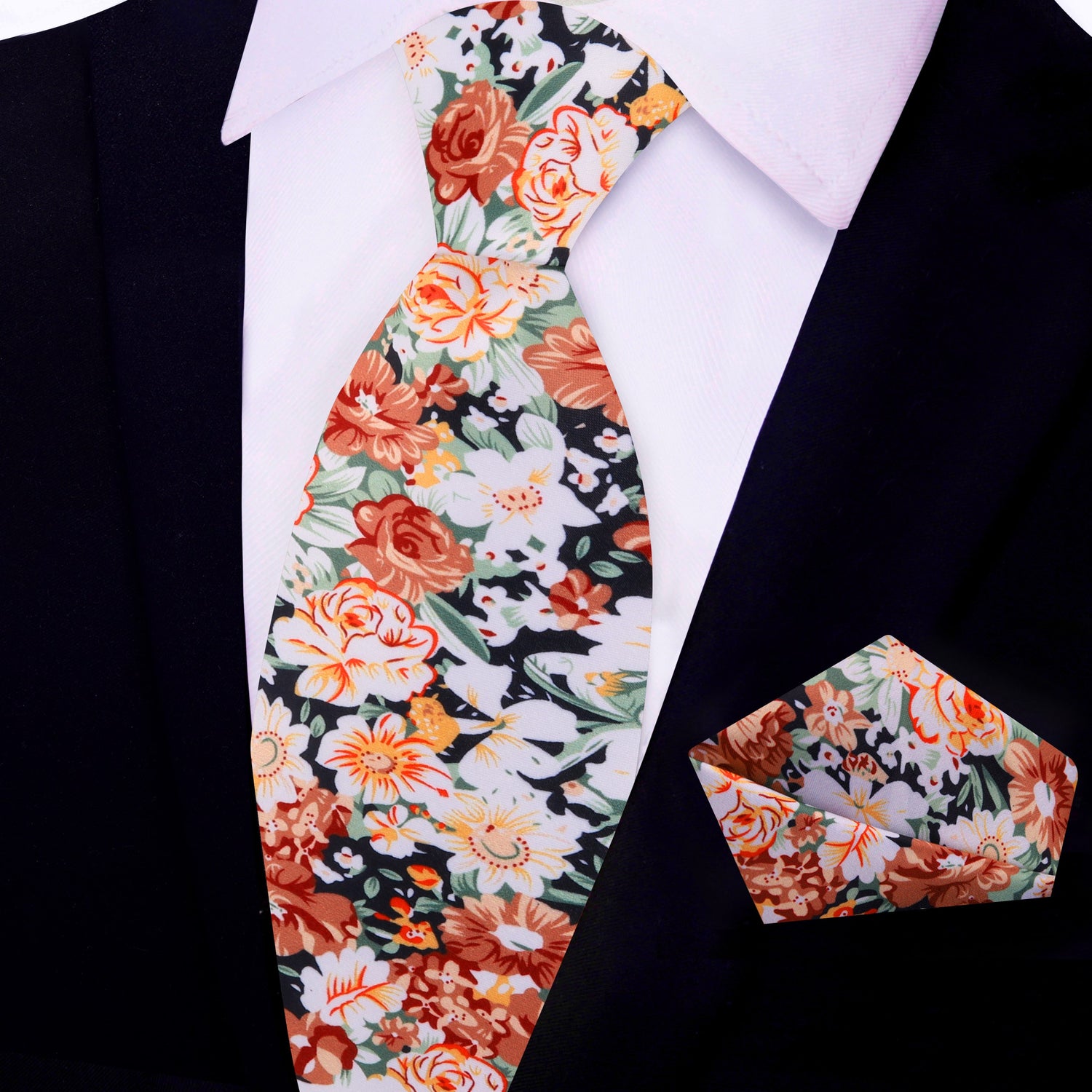 View 2: Brown, Orange, White, Green Sketched Flowers Tie and Matching Square