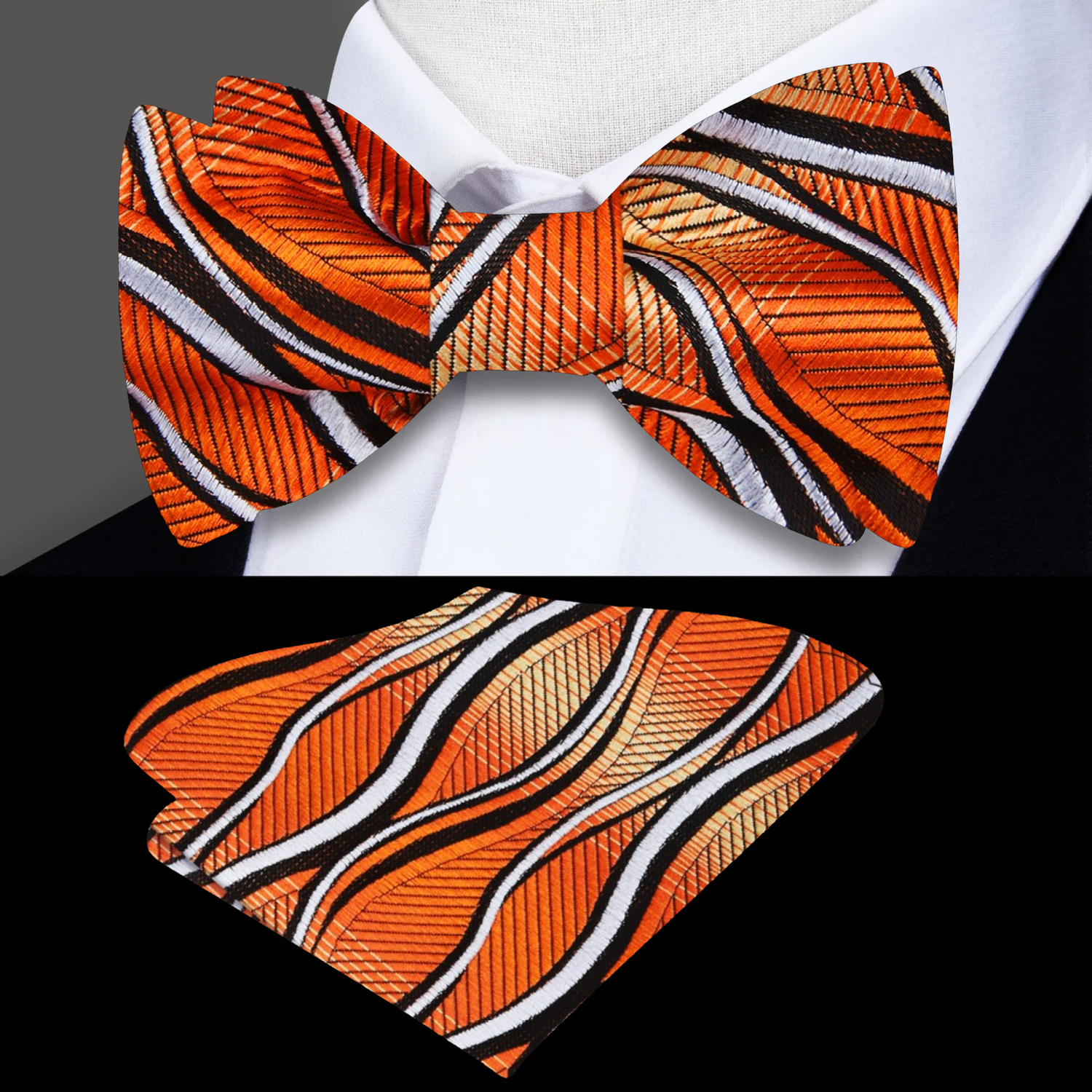 A Black, Orange Yellow Abstract Lines Pattern Silk Self-Tie Bow Tie, Matching Pocket Square