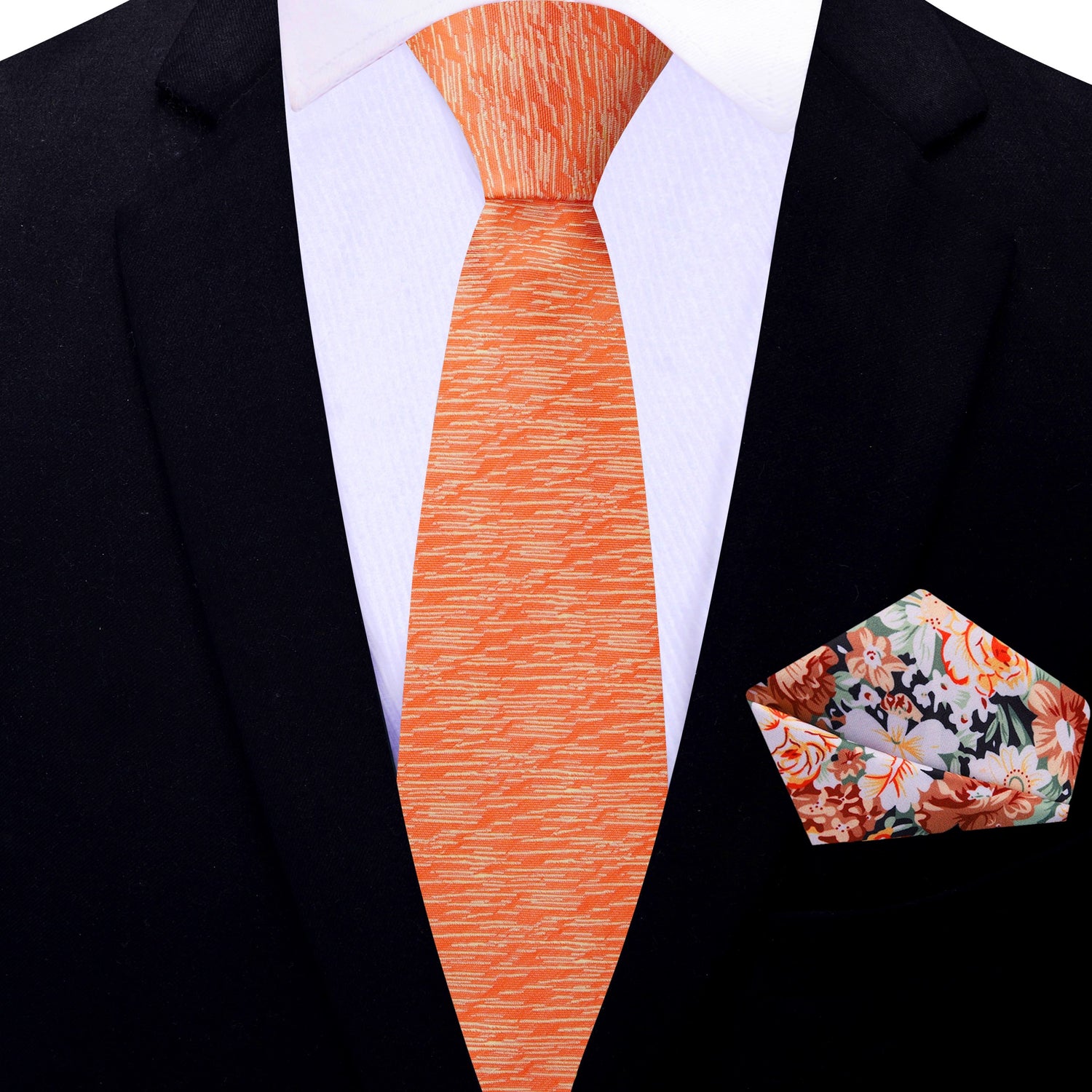 Thin Tie: Orange Necktie with Orange Floral Square