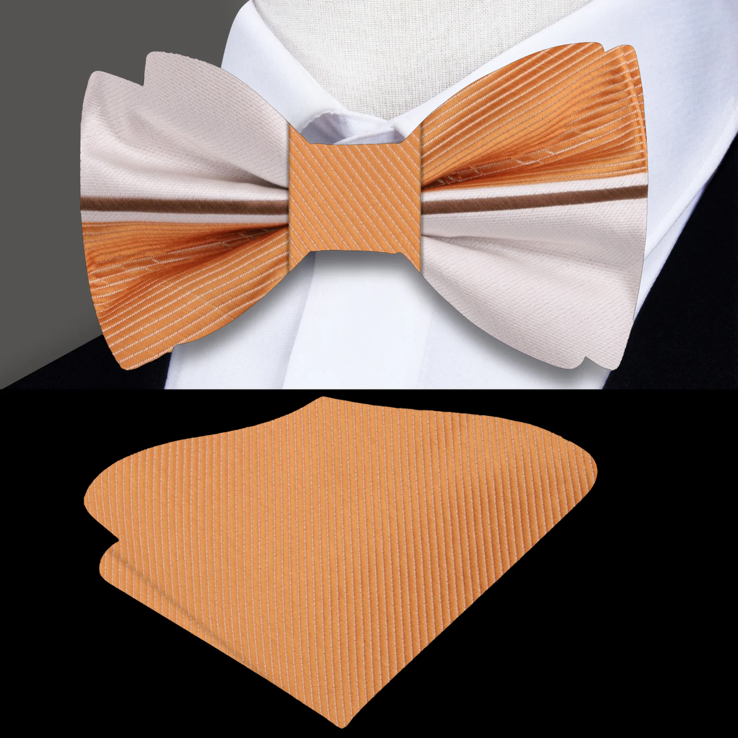 Light Orange, Orange, Brown Stripe Bow Tie and Pocket Square