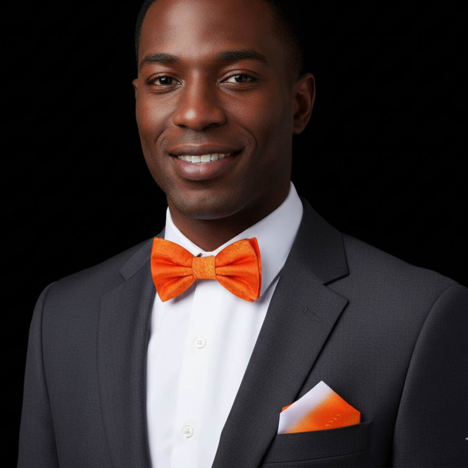 Man wearing a gray suit with an orange bow tie and pocket square on a black background