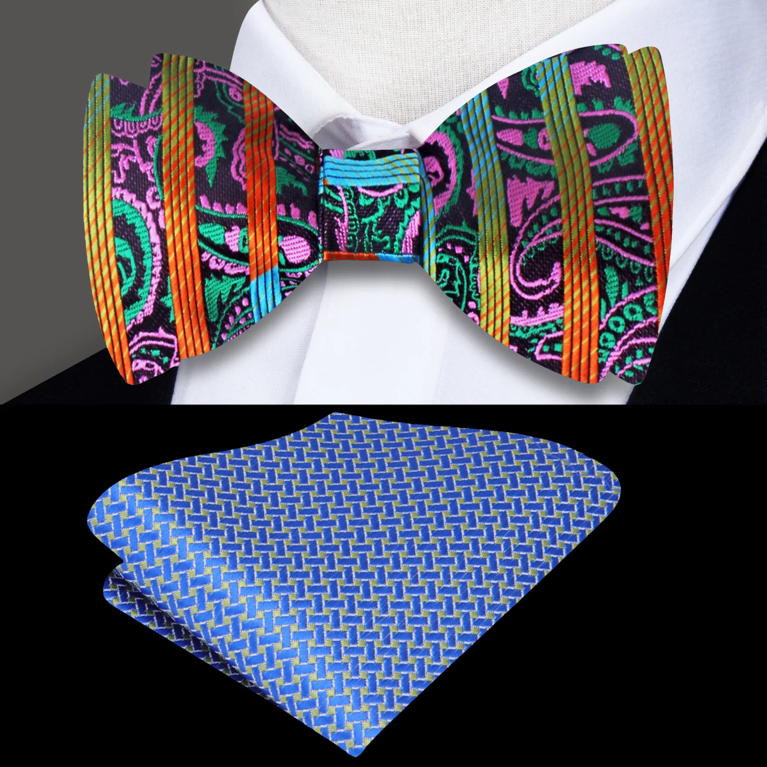 Orange Green Blue Pink Thriller Paisley Bow Tie and Accenting Blue Green Square