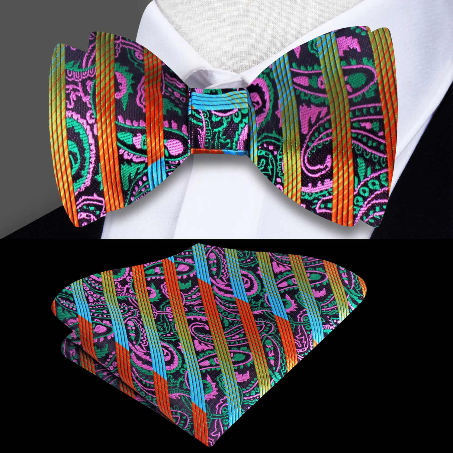 Orange Green Blue Pink Thriller Paisley Bow Tie and Square