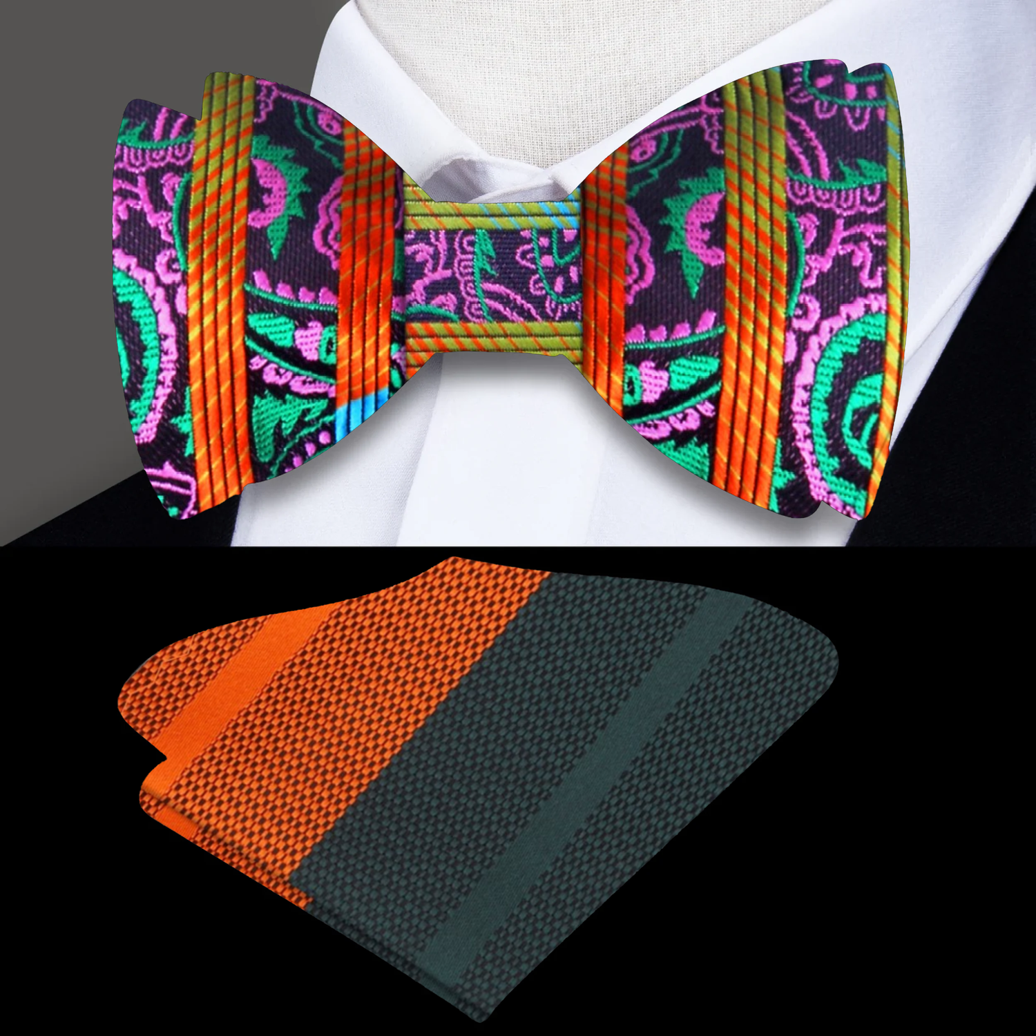 Orange, Yellow, Blue, Pink Paisley Bow Tie and Accenting Square