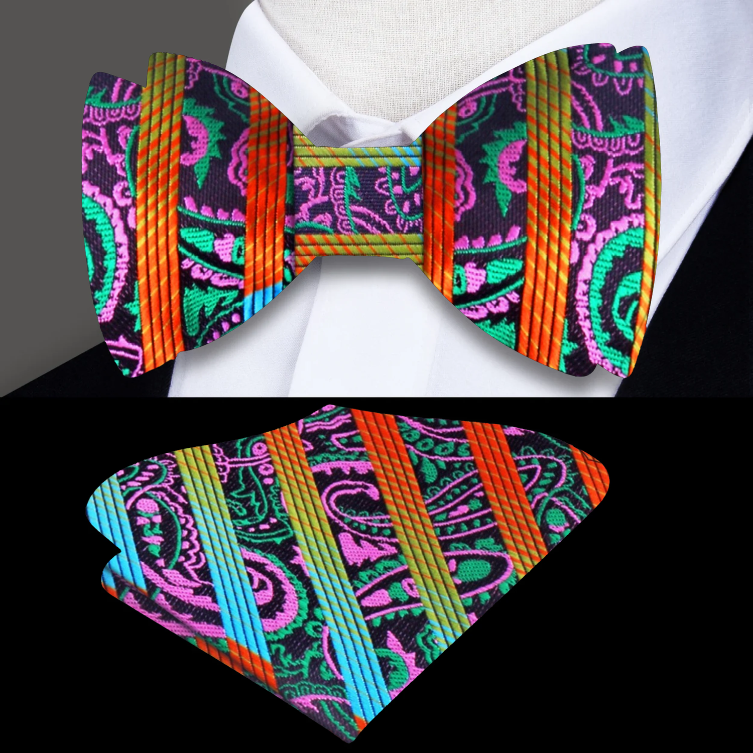 Orange, Yellow, Blue, Pink Paisley Bow Tie and Square