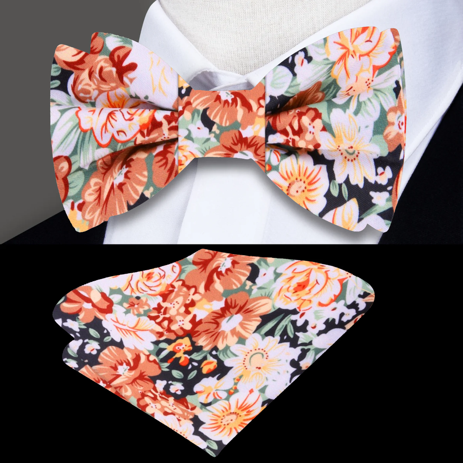 Orange, White, Green Flowers Bow Tie and Matching Square