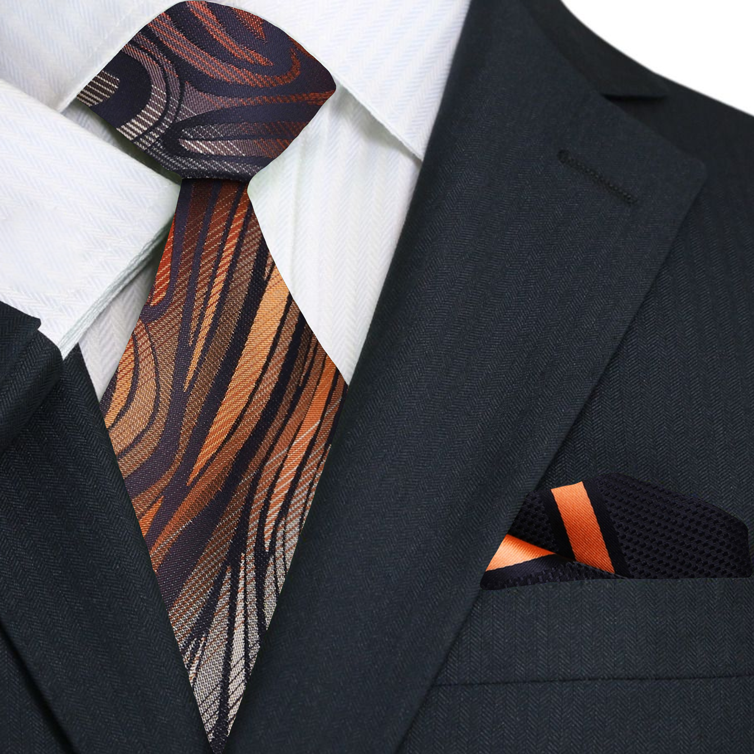Main: An Orange, Grey Abstract Fire Patter Necktie, Accenting Black, Orange Stripe Pocket Square