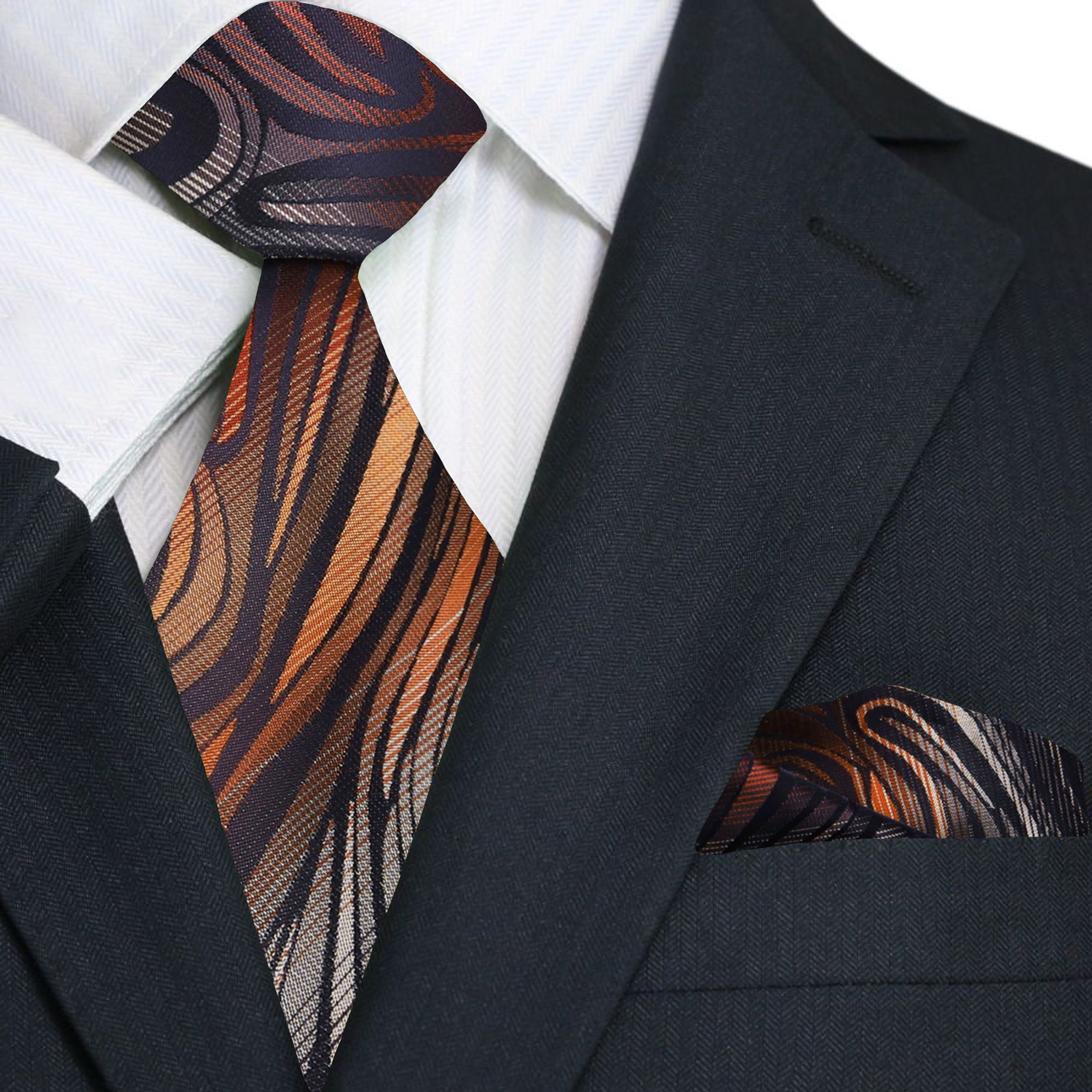 Main: Orange, Black, Grey Abstract Tie and Matching Square
