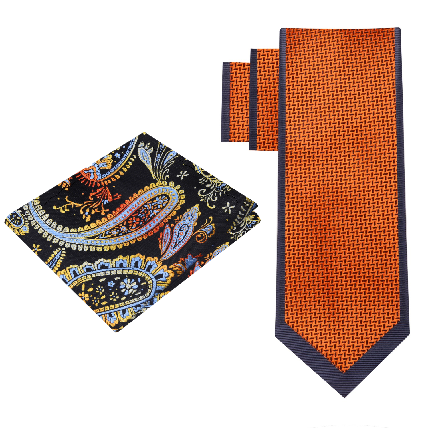 View 2: Orange with Crosshatch texture and grey border pattern silk necktie and accenting pocket square