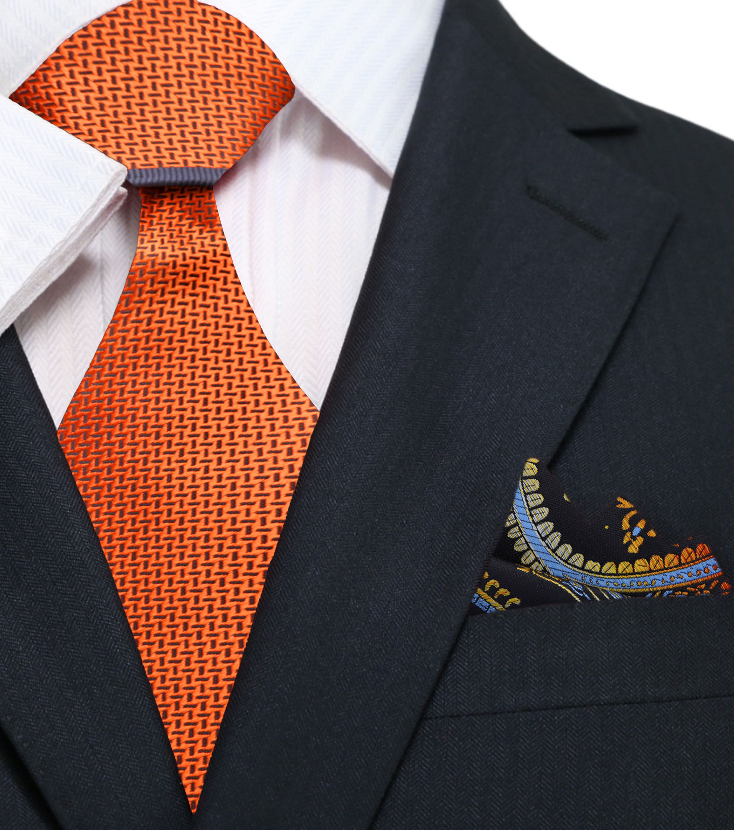 Orange with Crosshatch texture and grey border pattern silk necktie and accenting pocket square