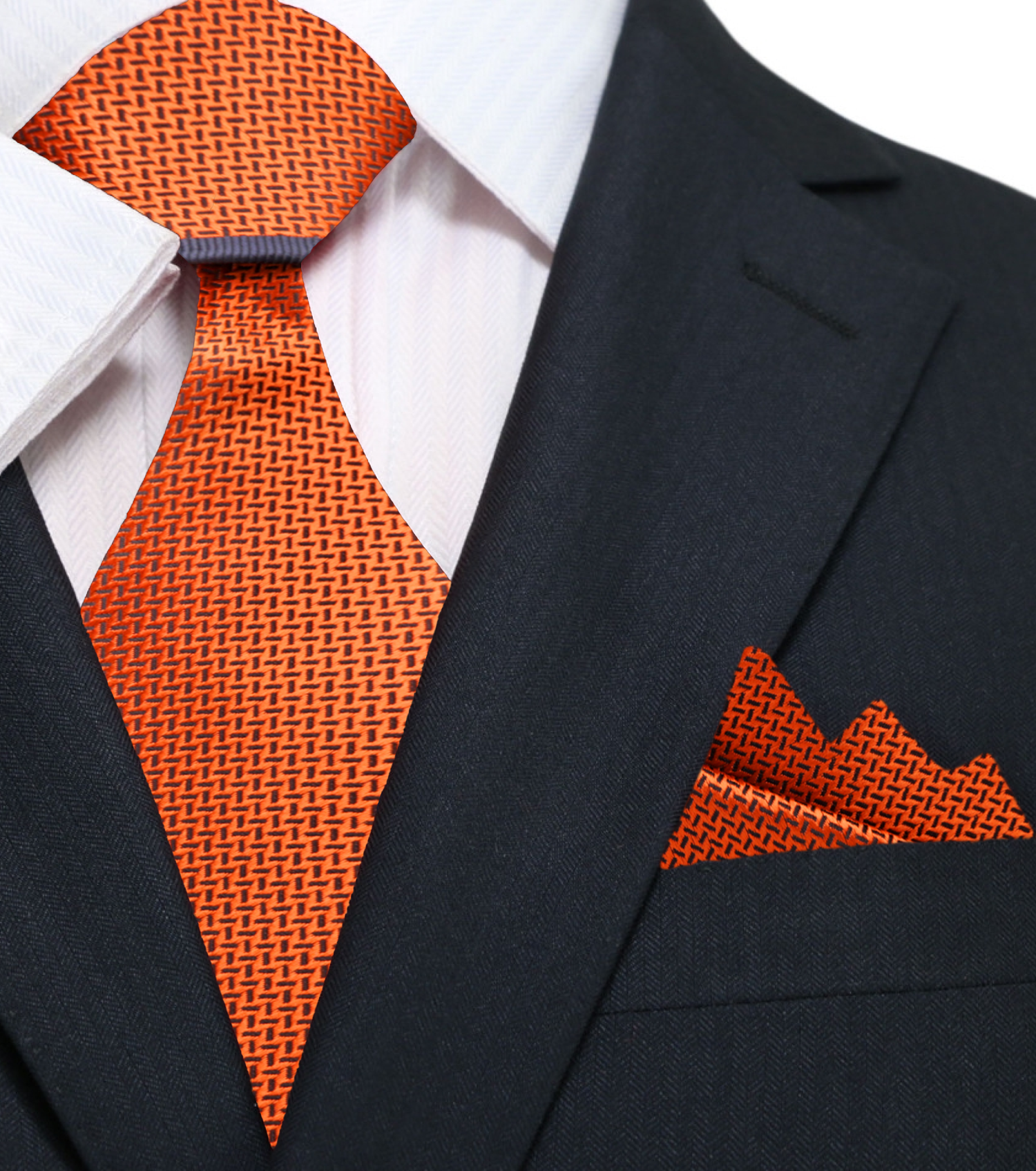 Main View: Orange with Crosshatch texture and grey border pattern silk necktie and pocket square