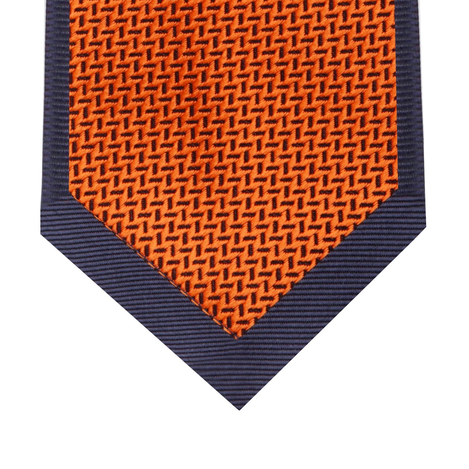 Orange with Crosshatch texture and grey border pattern silk necktie view 2
