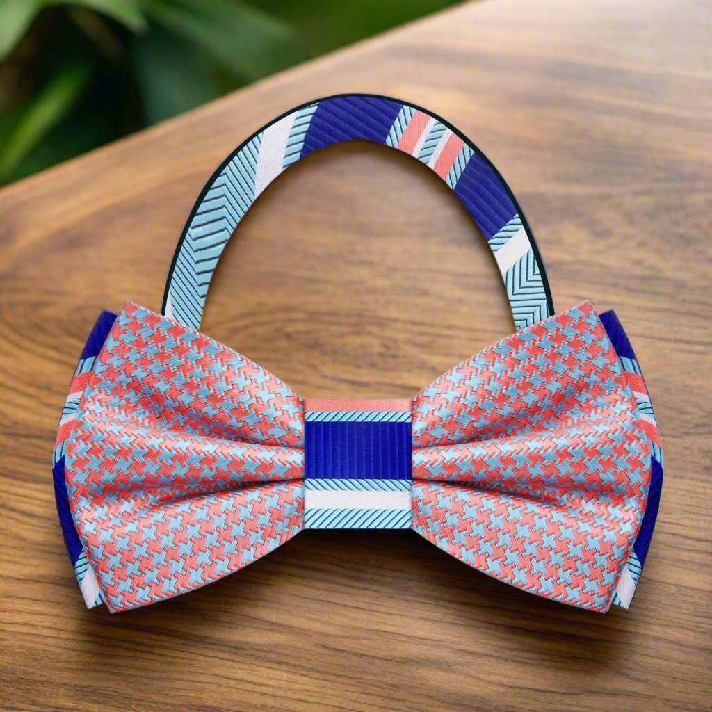 Orange, Blue Hounds Tooth and Stripe Bow Tie Pre Tied