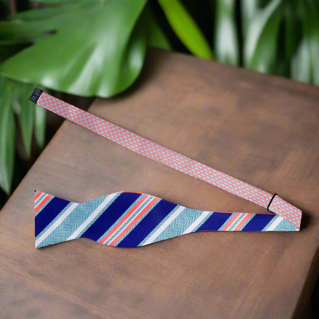 Orange, Blue Hounds Tooth and Stripe Bow Tie Self Tie