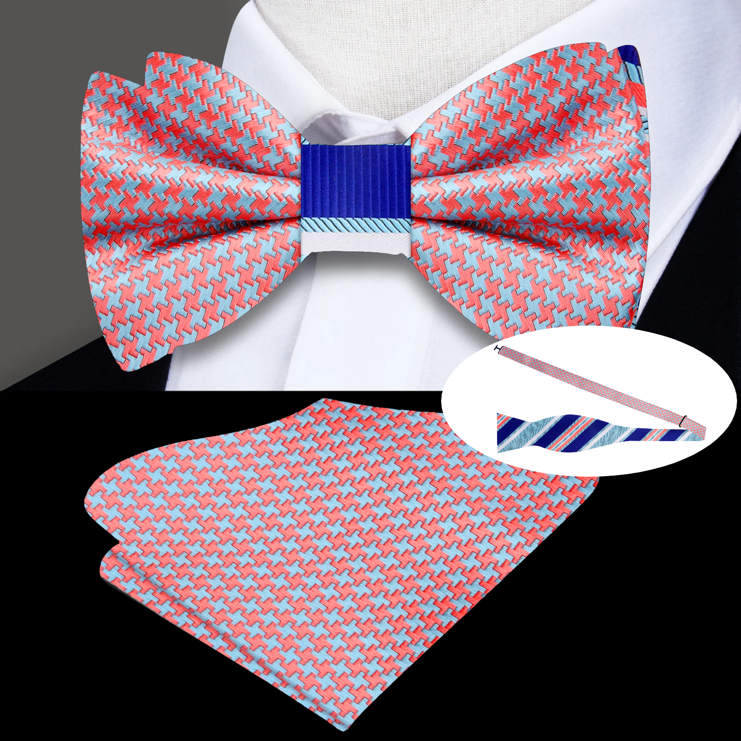 Orange, Blue Hounds Tooth and Stripe Bow Tie and Square