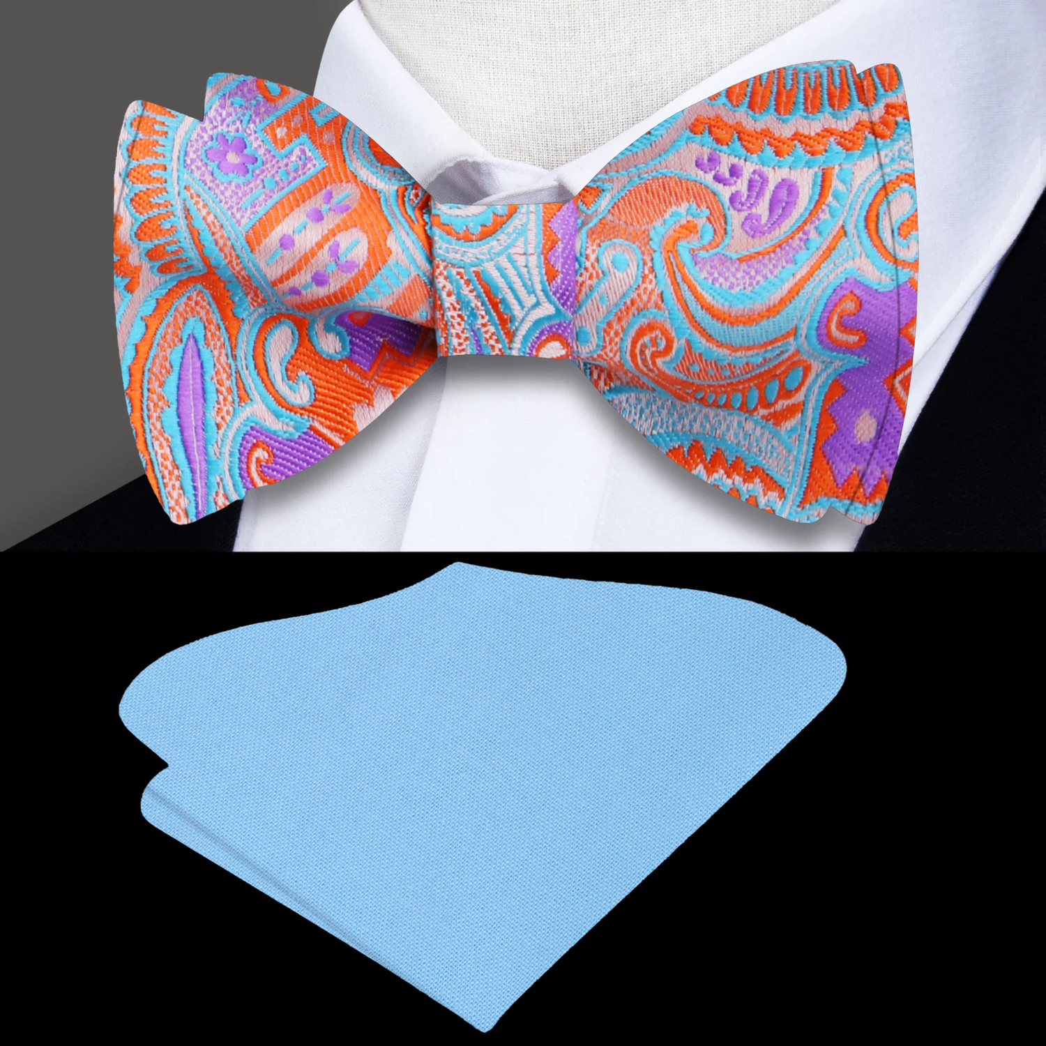 A Purple, Orange, Light Blue Abstract Designs With Paisley Silk Self Tie Bow Tie, Light Blue Pocket Square