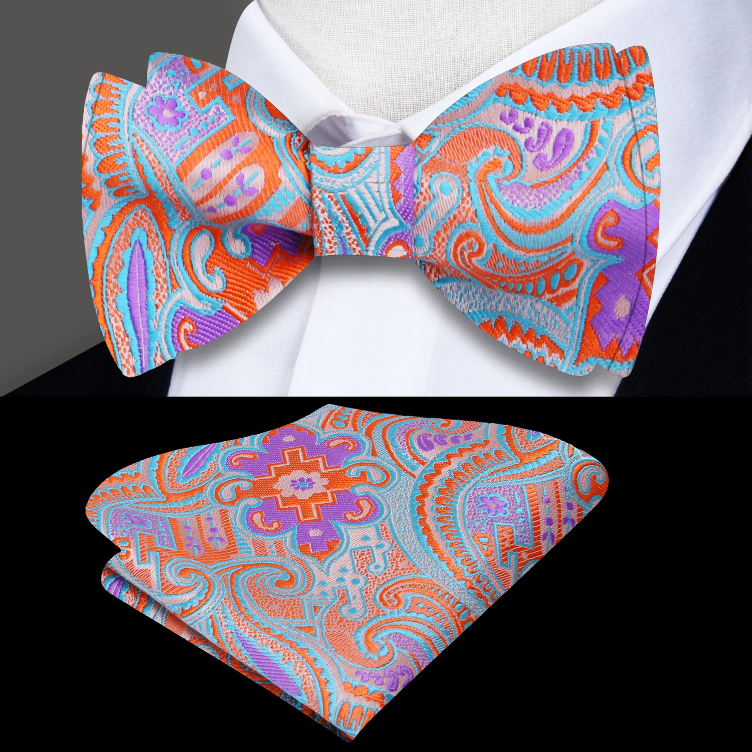 A Purple, Orange, Light Blue Abstract Designs With Paisley Silk Self Tie Bow Tie, Matching Pocket Square