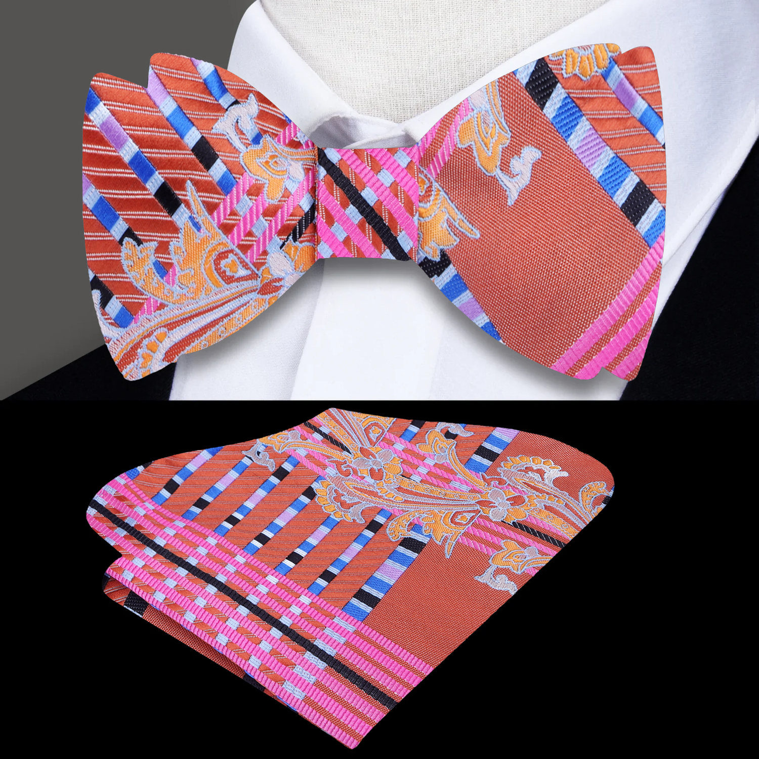 A Peach, Pink Abstract Intricate Floral and Paisley Pattern Silk Self Tie Bow Tie, Matching Pocket Square