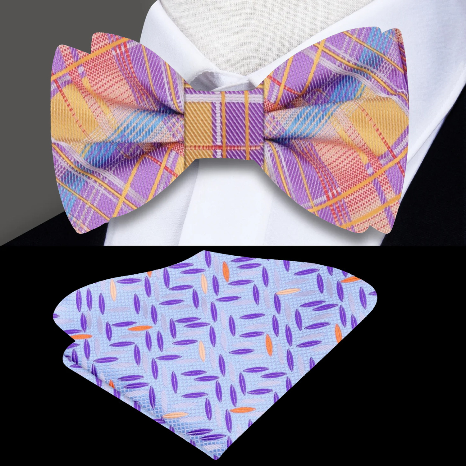 Orange, Purple, Blue Plaid Bow Tie And Accenting Pocket Square
