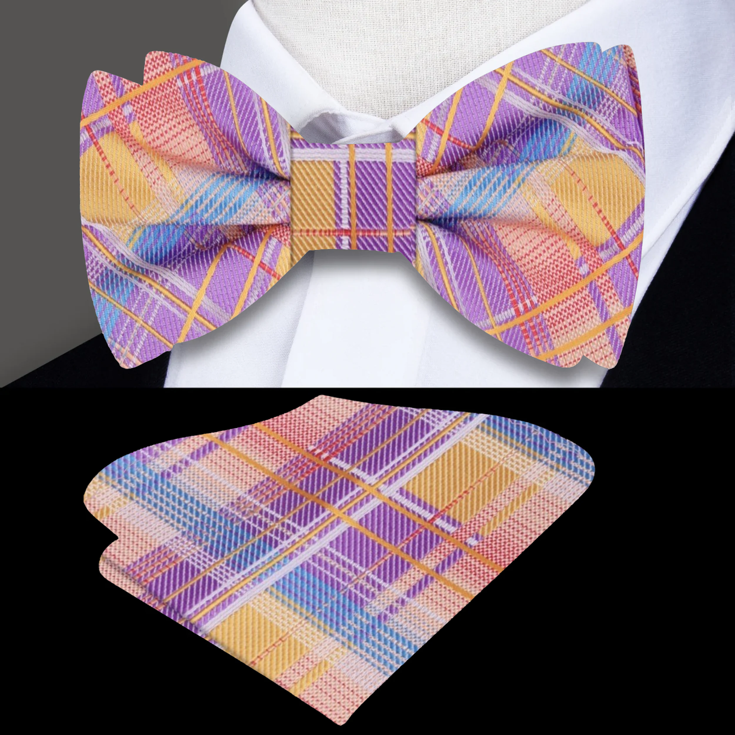 Orange, Purple, Blue Plaid Bow Tie And Pocket Square