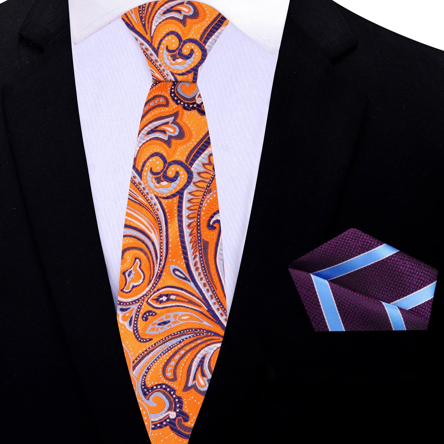 Thin Tie: Orange, Purple, White Paisley Necktie and Purple, Light Blue Stripe Pocket Square