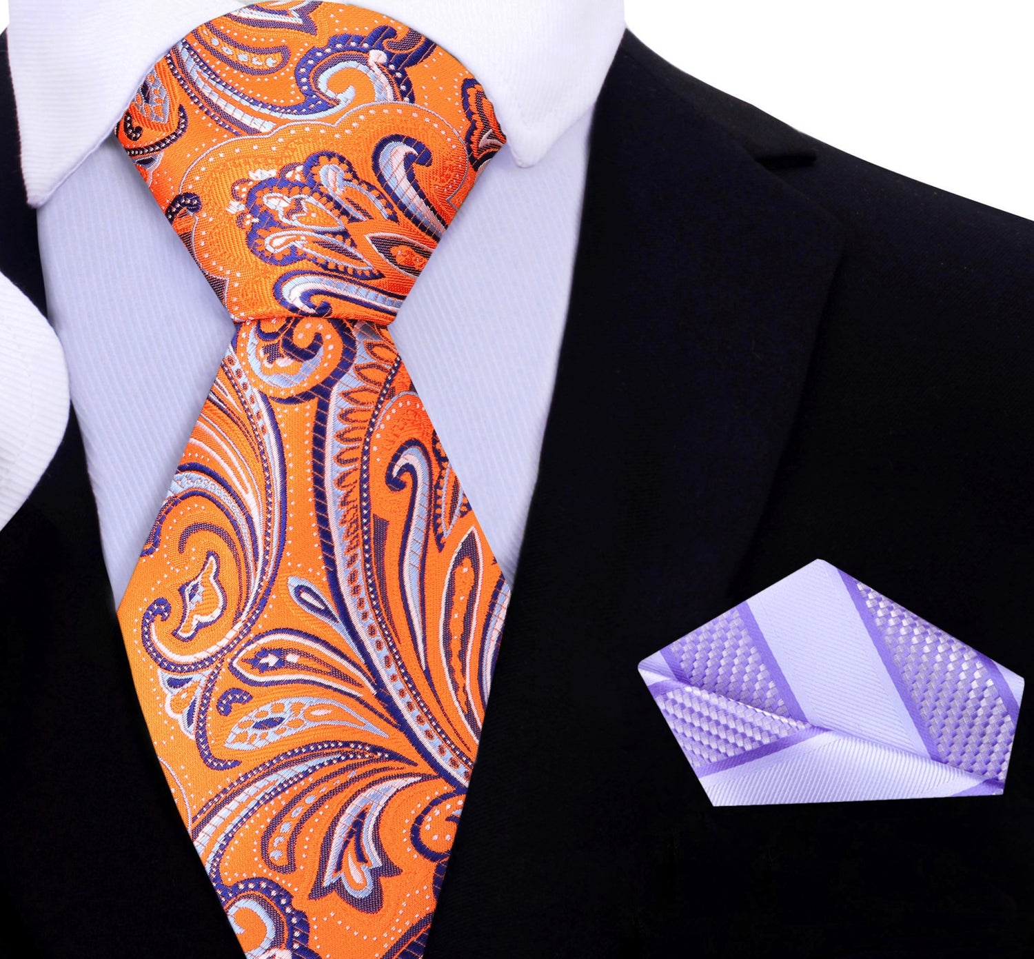 Orange, Purple, White Paisley Necktie and Light Purple Stripe Pocket Square