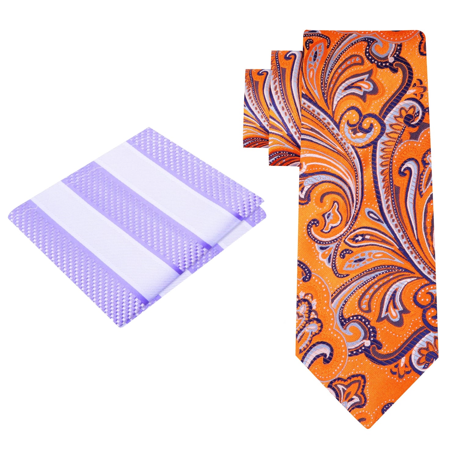 Alt View: Orange, Purple, White Paisley Necktie and Light Purple Stripe Pocket Square