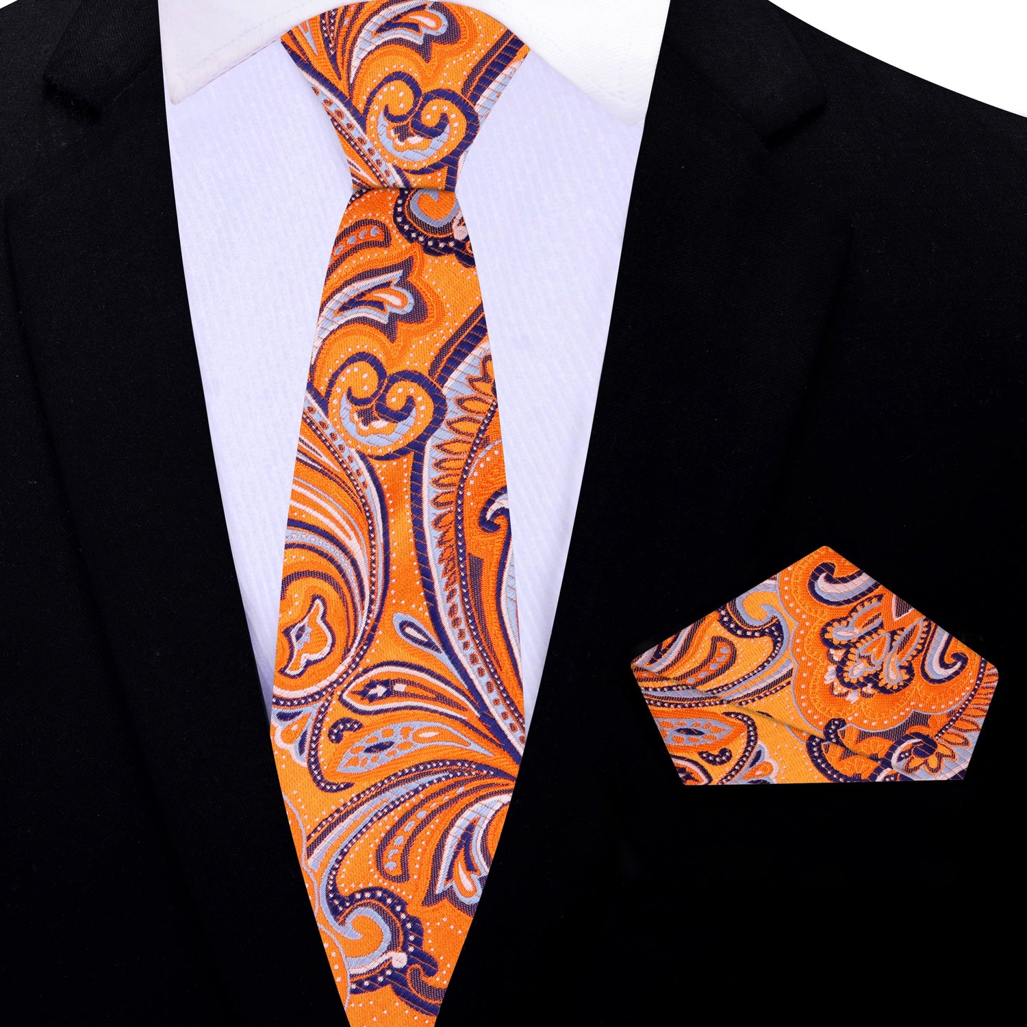 Thin Tie: Orange, Purple, White Paisley Necktie and Matching Pocket Square