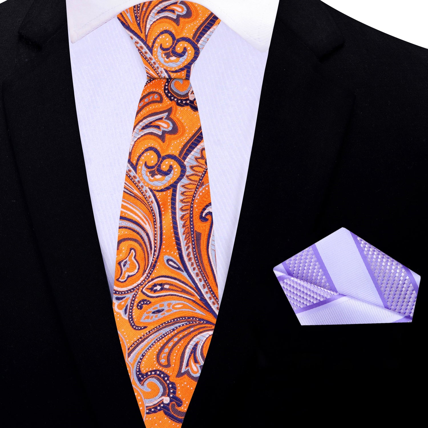 Thin Tie: Orange, Purple, White Paisley Necktie and Light Purple Stripe Pocket Square