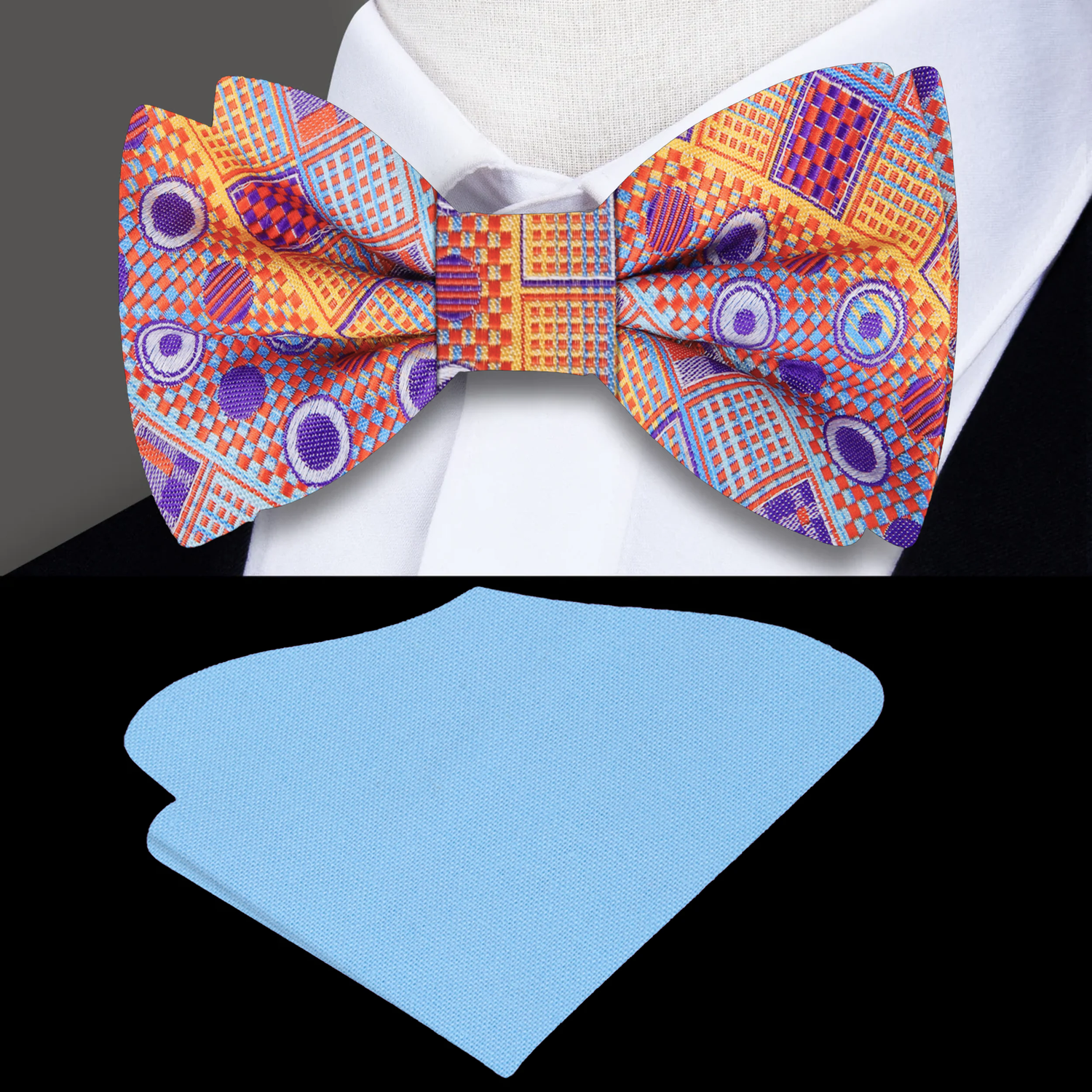 Orange, Purple Light Blue Abstract Bow tie and Light Blue Square