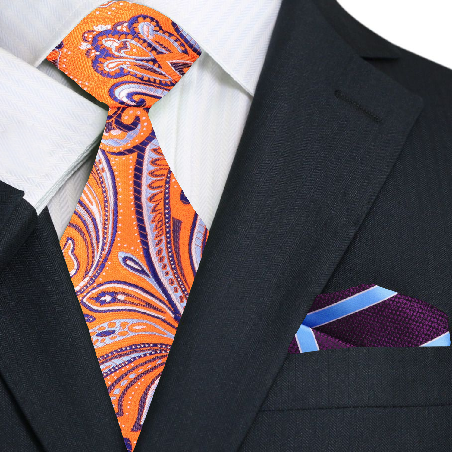 Premium Orange, Purple, White Paisley Necktie and Purple, Light Blue Stripe Pocket Square