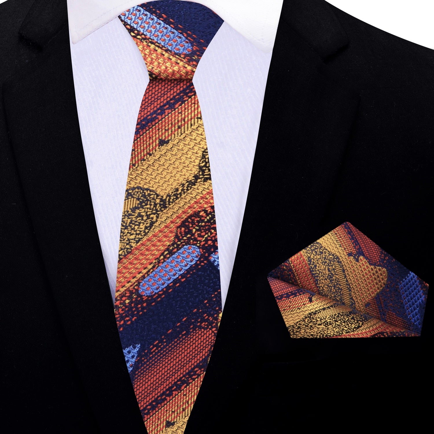 Thin Tie View: Orange, Blue Abstract Tie and Matching Square
