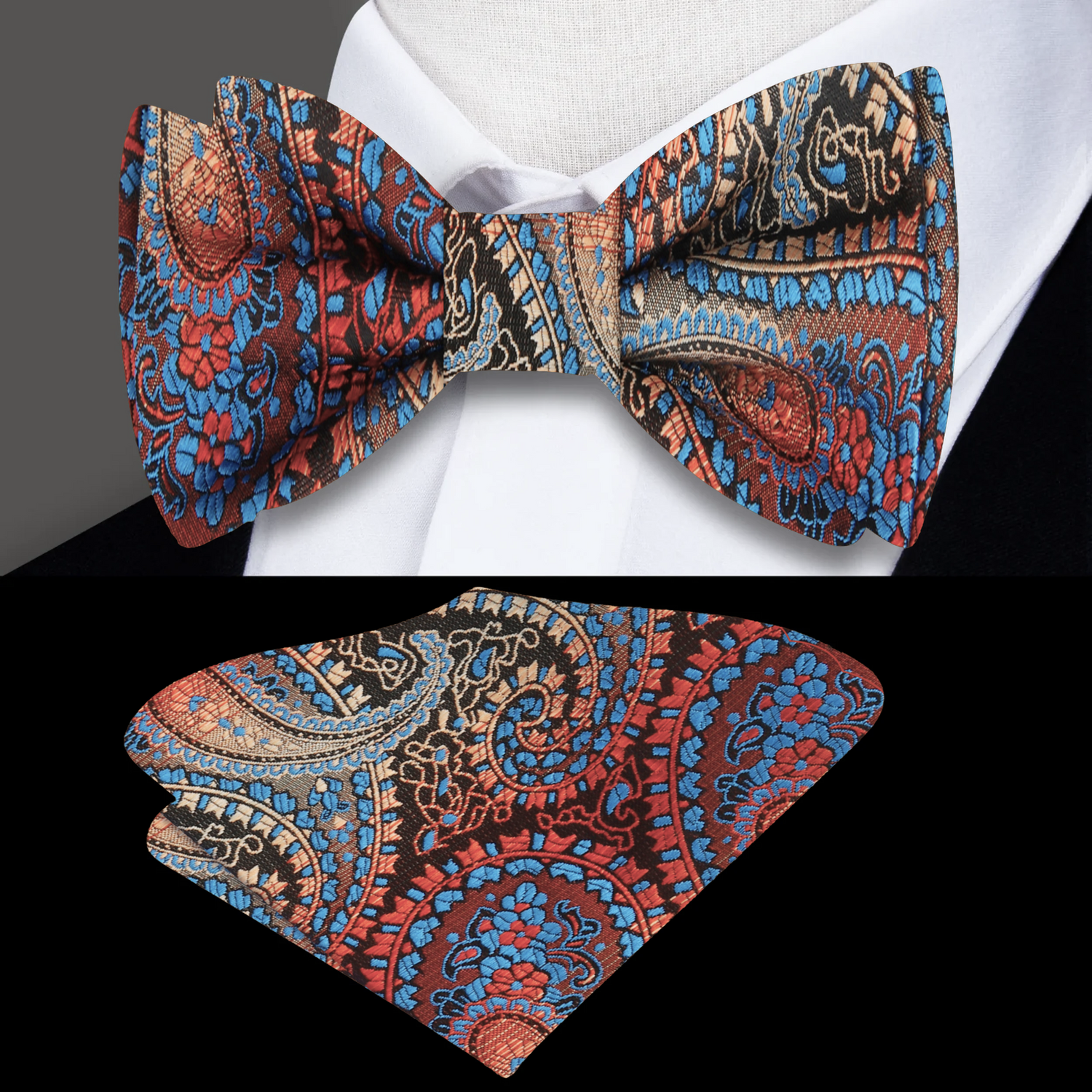 Brown, Red, Orange, Light Blue Paisley Bow Tie and Matching Square 
