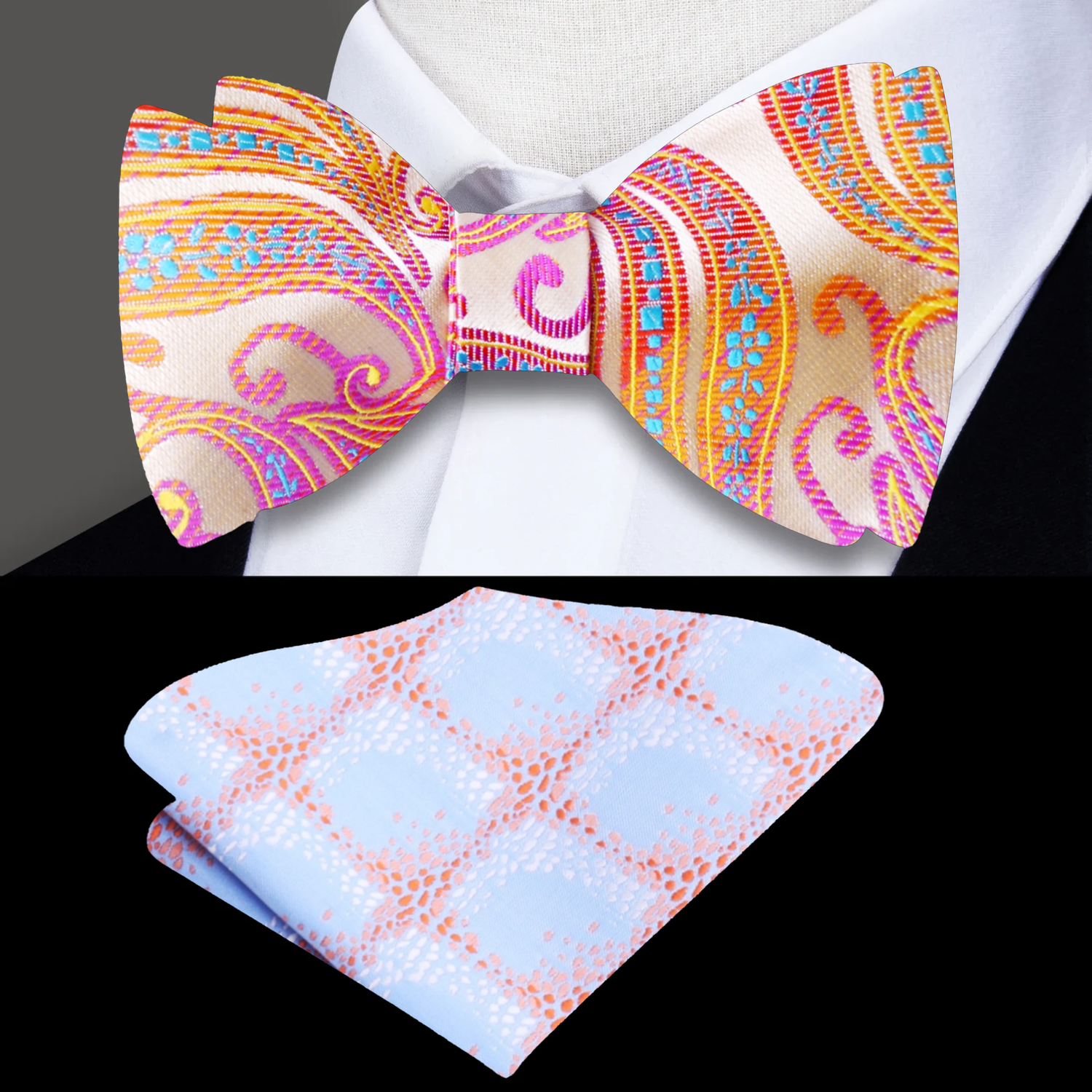 Light Yellow, Pink Abstract Bow Tie and Accenting Square
