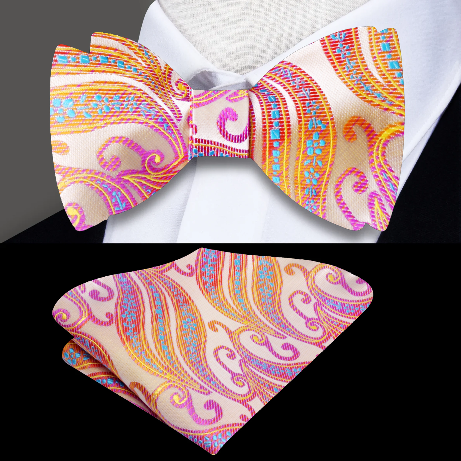 Light Yellow, Pink Abstract Bow Tie and Square