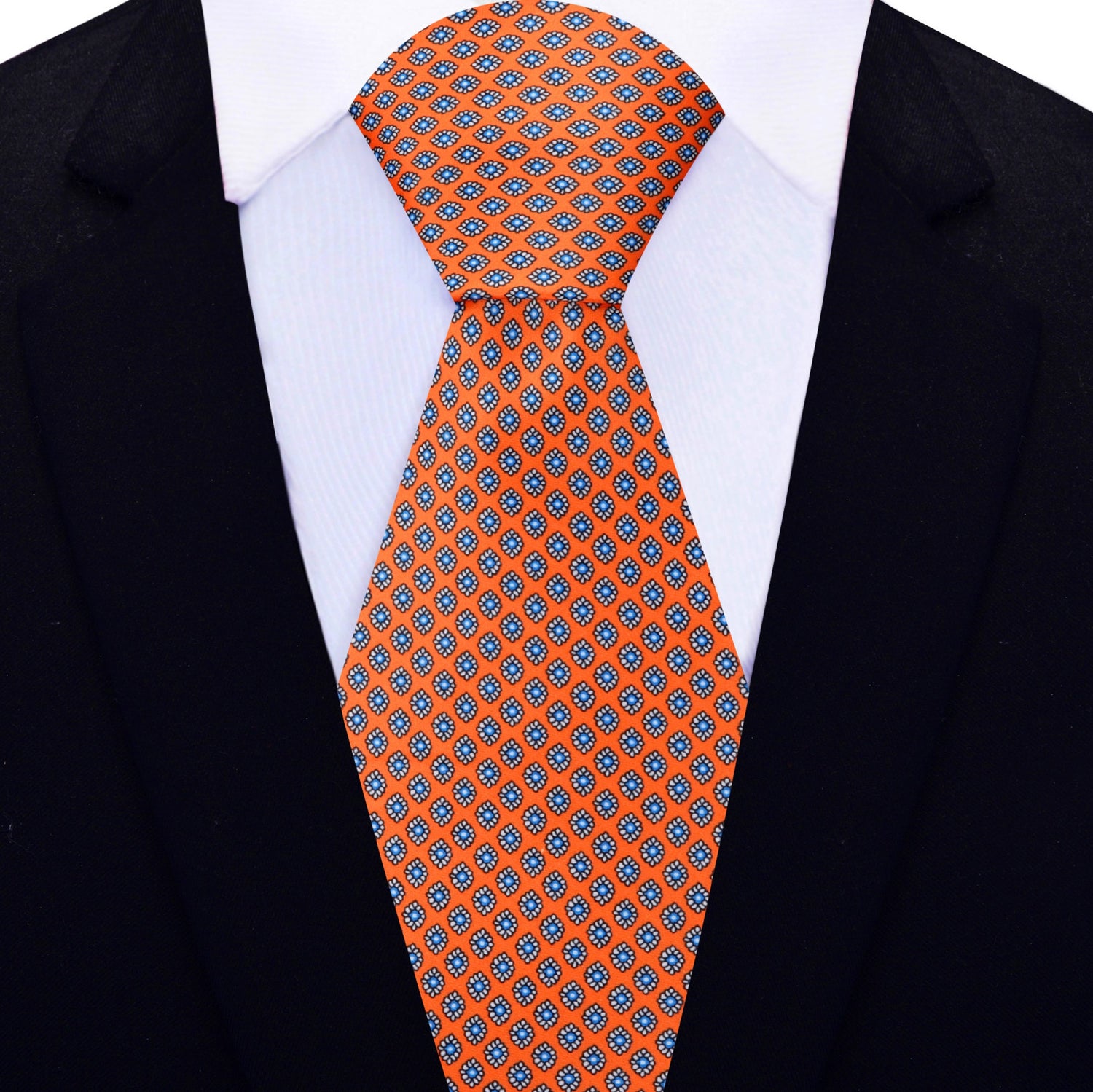 View 2: A Necktie that is sunfire coral with a small medallion pattern
