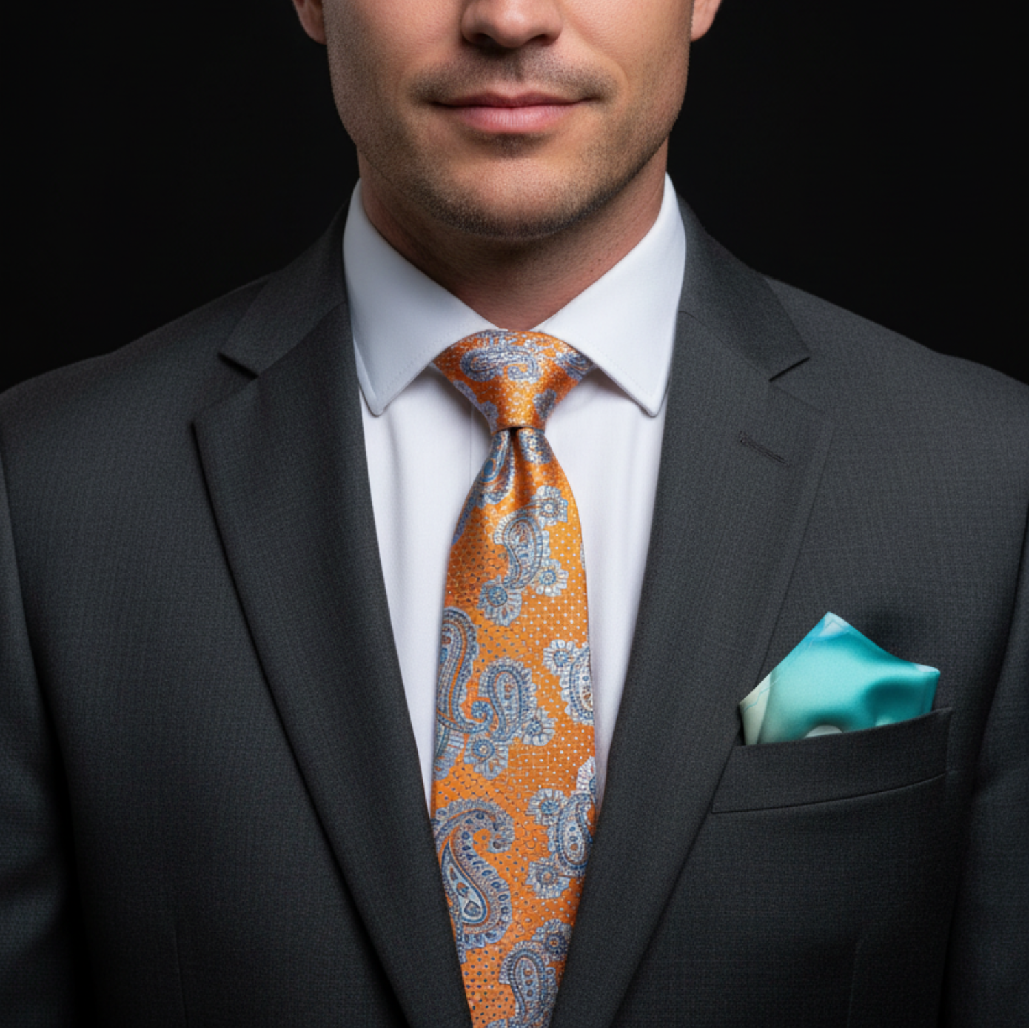 Man wearing a gray suit with an orange paisley tie and turquoise pocket square on a black background