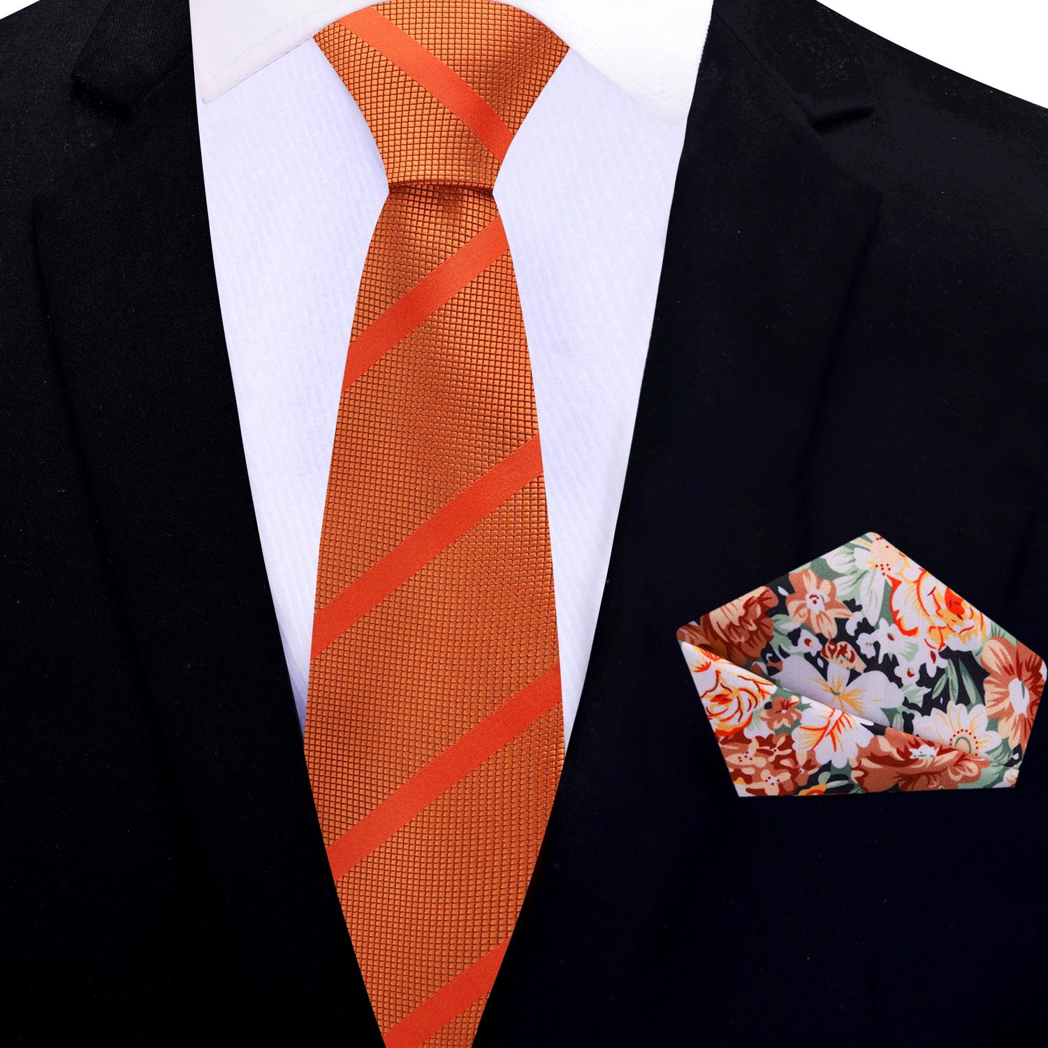 Thin Tie Pumpkin Orange Stripe Silk Necktie and Accenting Floral Pocket Square