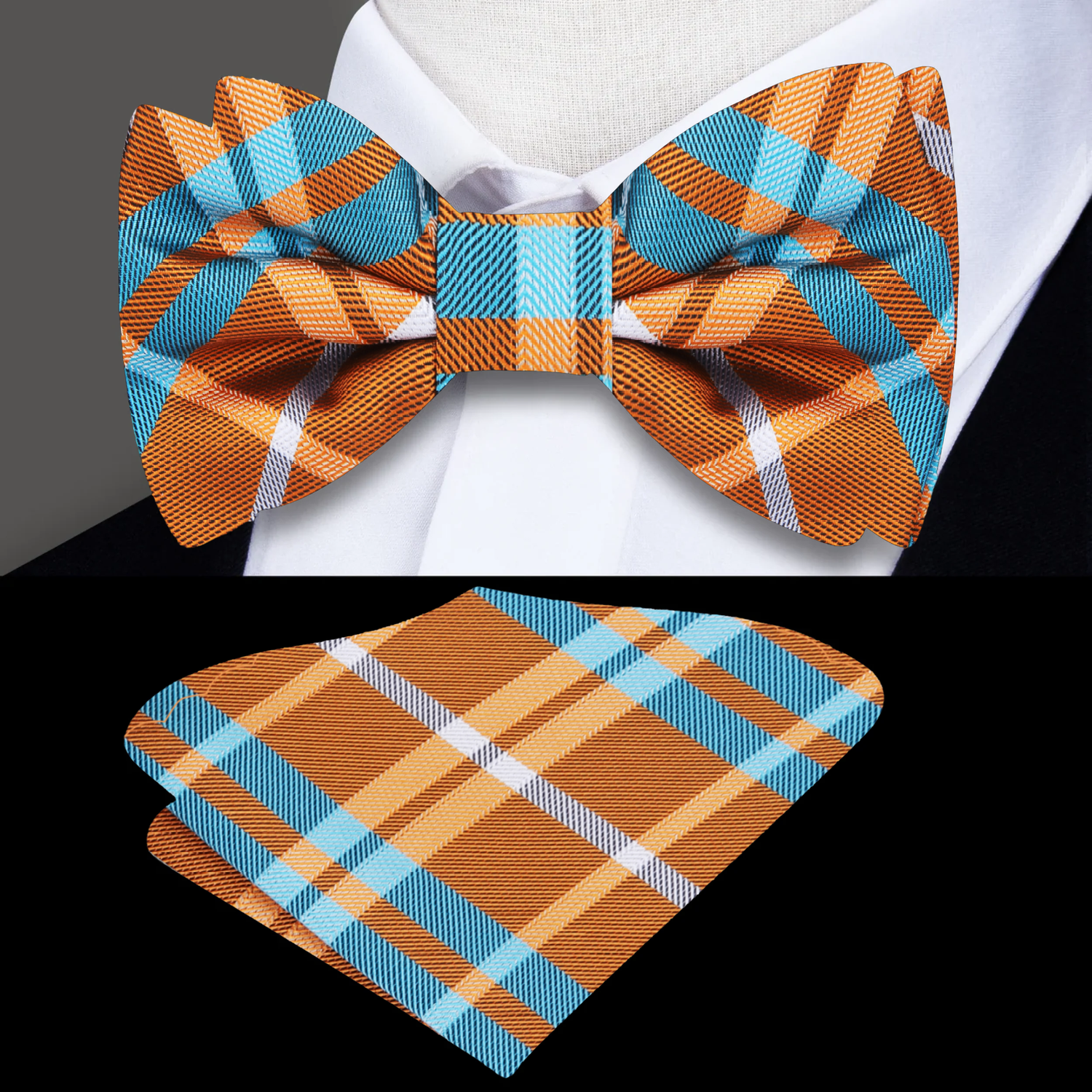 Orange, Light Blue Plaid Bow Tie and Pocket Square